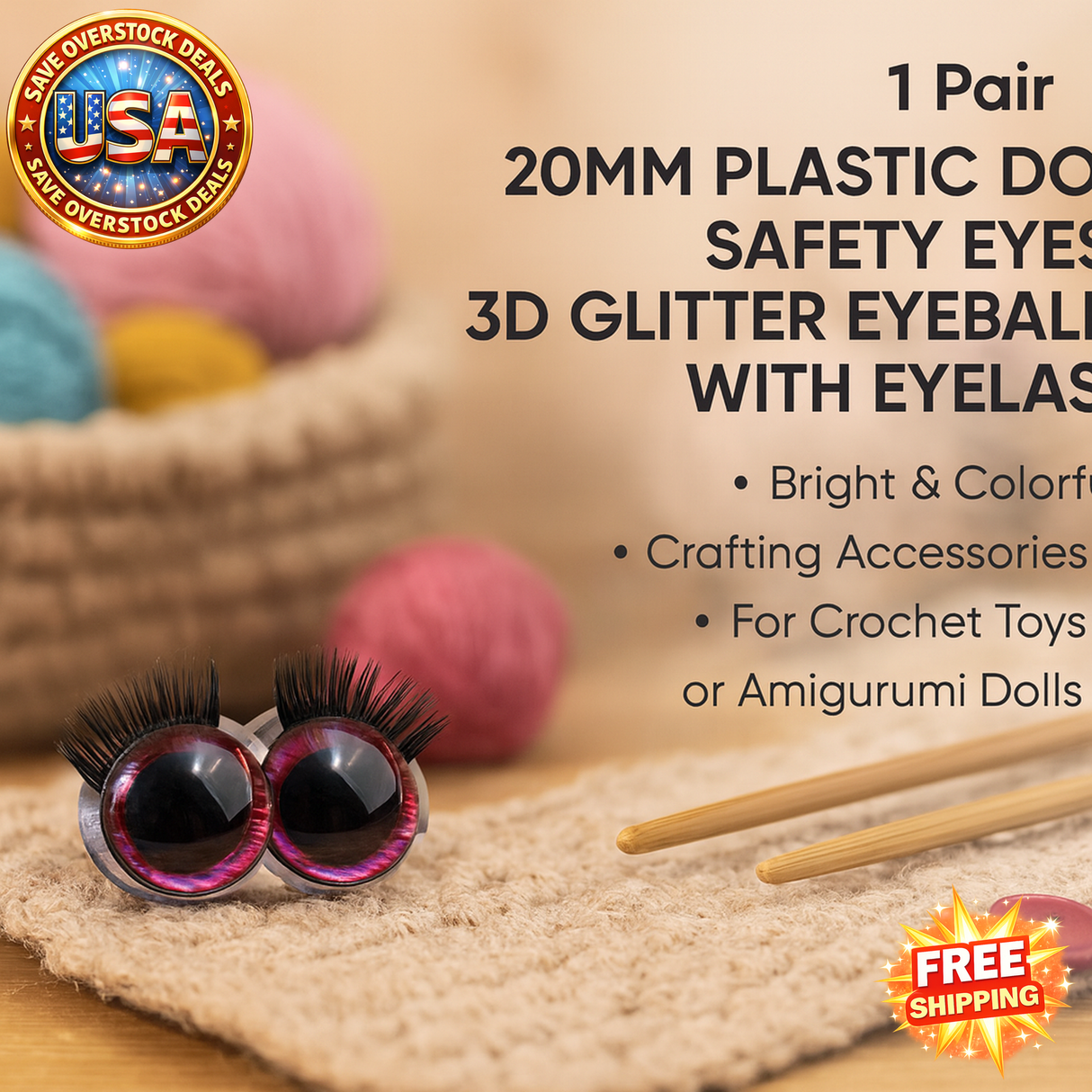 3D Glitter Doll Safety Eyes 20MM with Eyelash for Crochet Toys 1 Pair