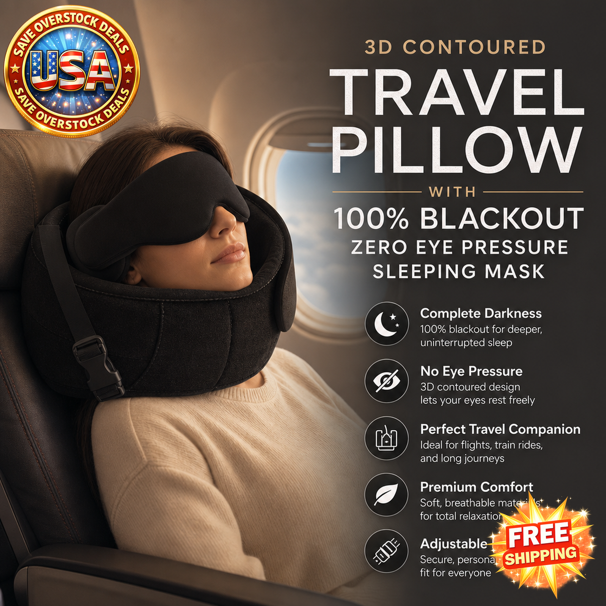 3D Contoured Travel Pillow with Blackout Eye Mask