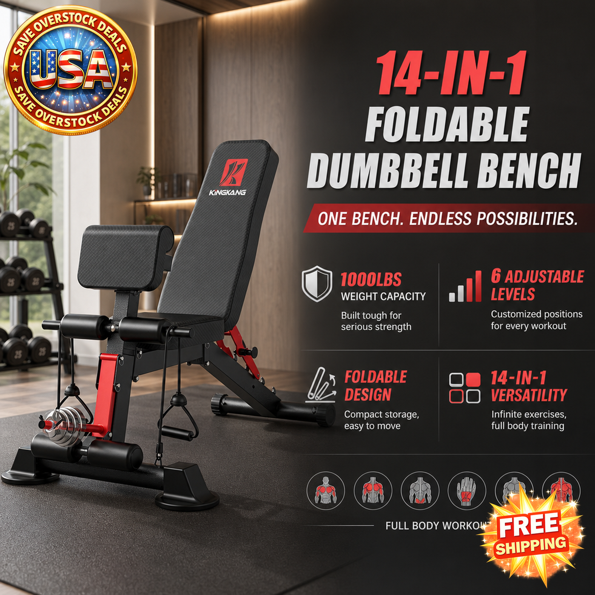 14-in-1 Foldable Dumbbell Bench with Adjustable Levels