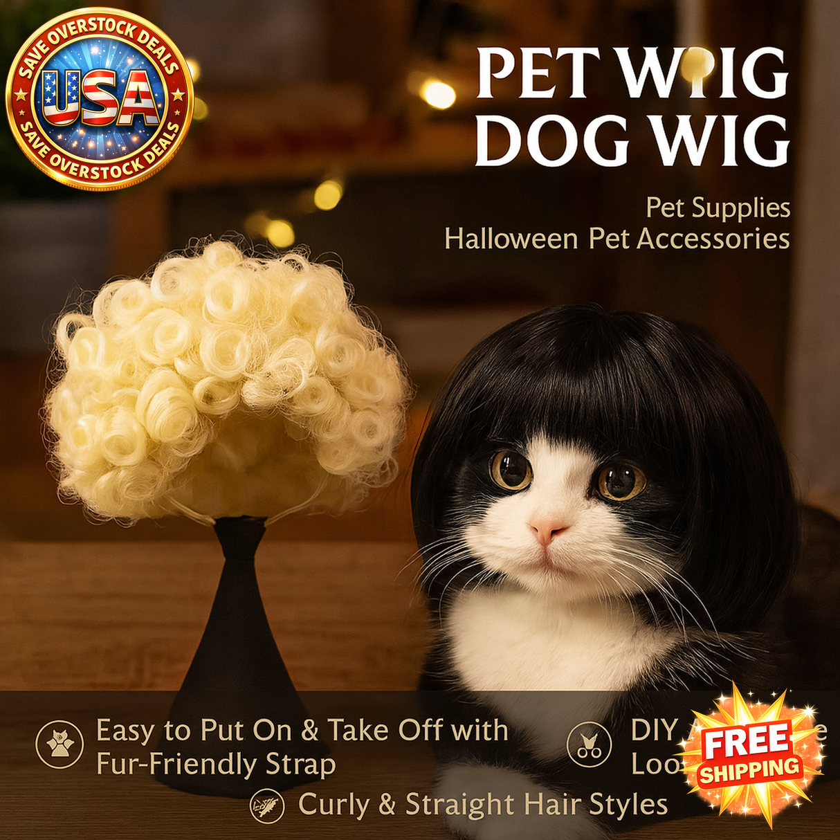 Pet Wig for Dogs & Cats - Curly & Straight Hair - DIY Halloween Accessory