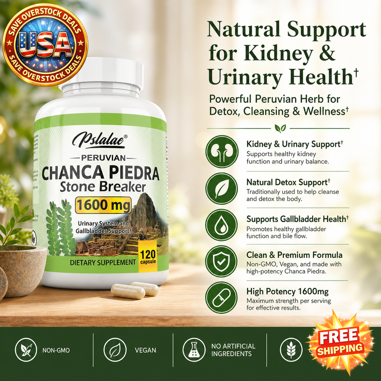 Chanca Piedra Capsules 1600mg - Kidney Stone Support Supplement