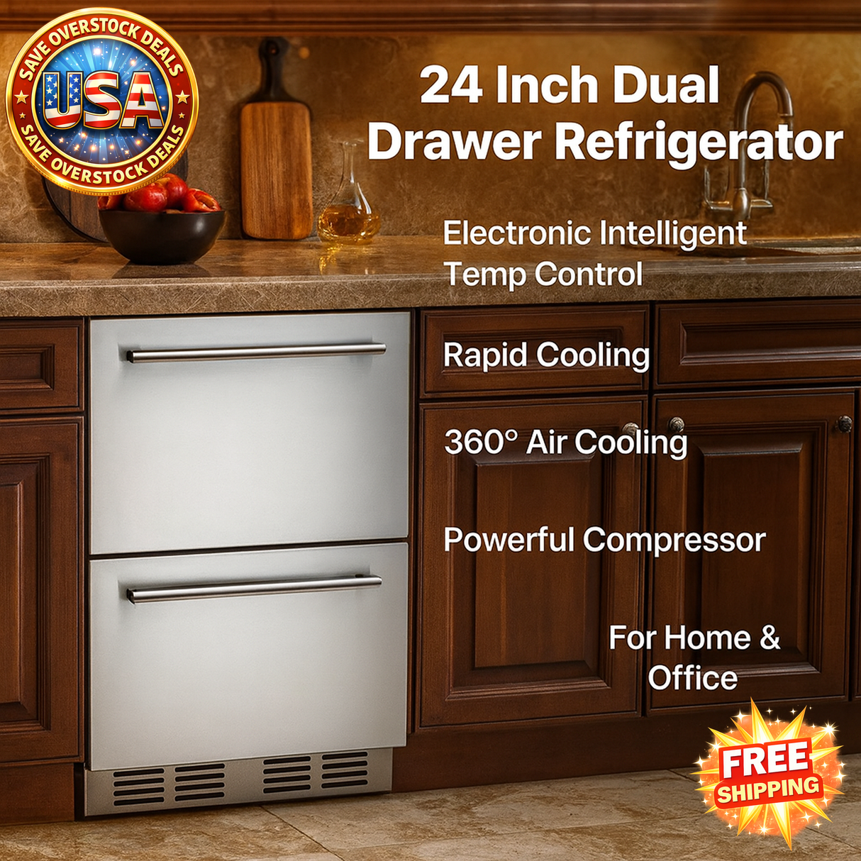 24 Inch Dual Drawer Refrigerator in a kitchen setting with features highlighted.