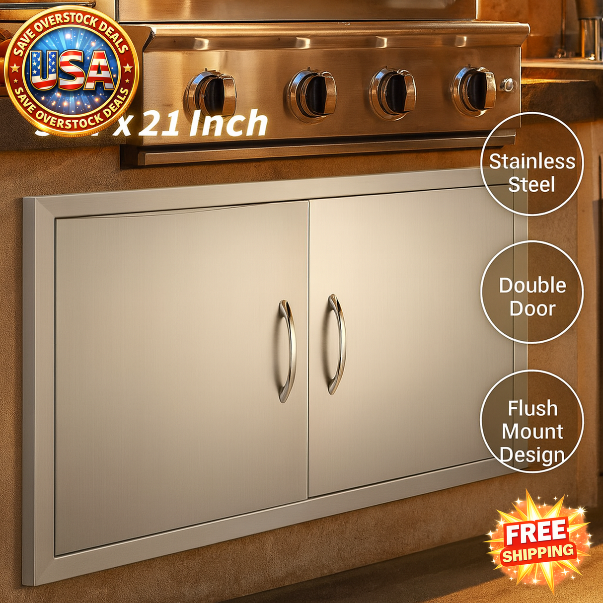 BBQ Access Door, 36W x 21H Inch Double Outdoor Kitchen Door, Stainless Steel Flush Mount Door, Wall Vertical Door with Handles, for BBQ Island, Grilling Station, Outside Cabinet