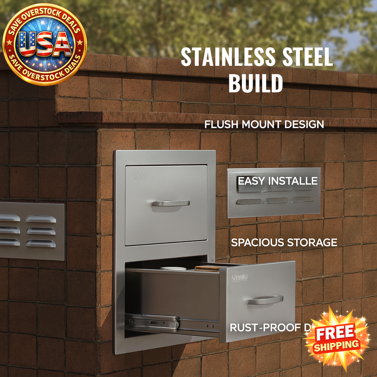 Stainless steel outdoor storage unit mounted on a brick wall with promotional text and logos.