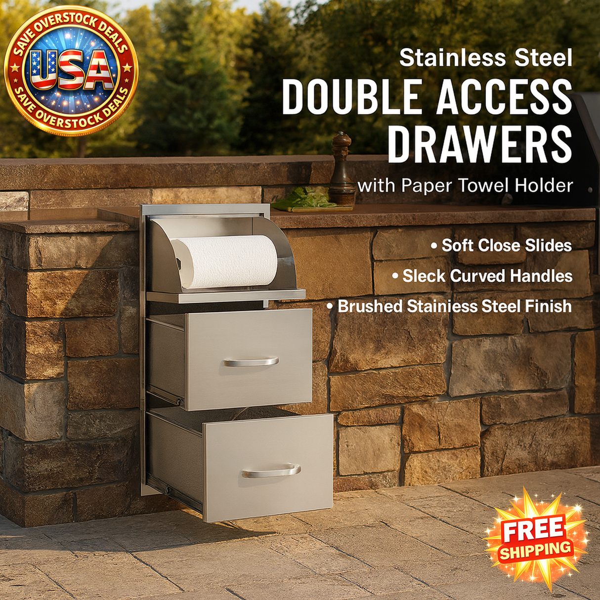 Stainless Steel Double Access Drawers with Towel Holder