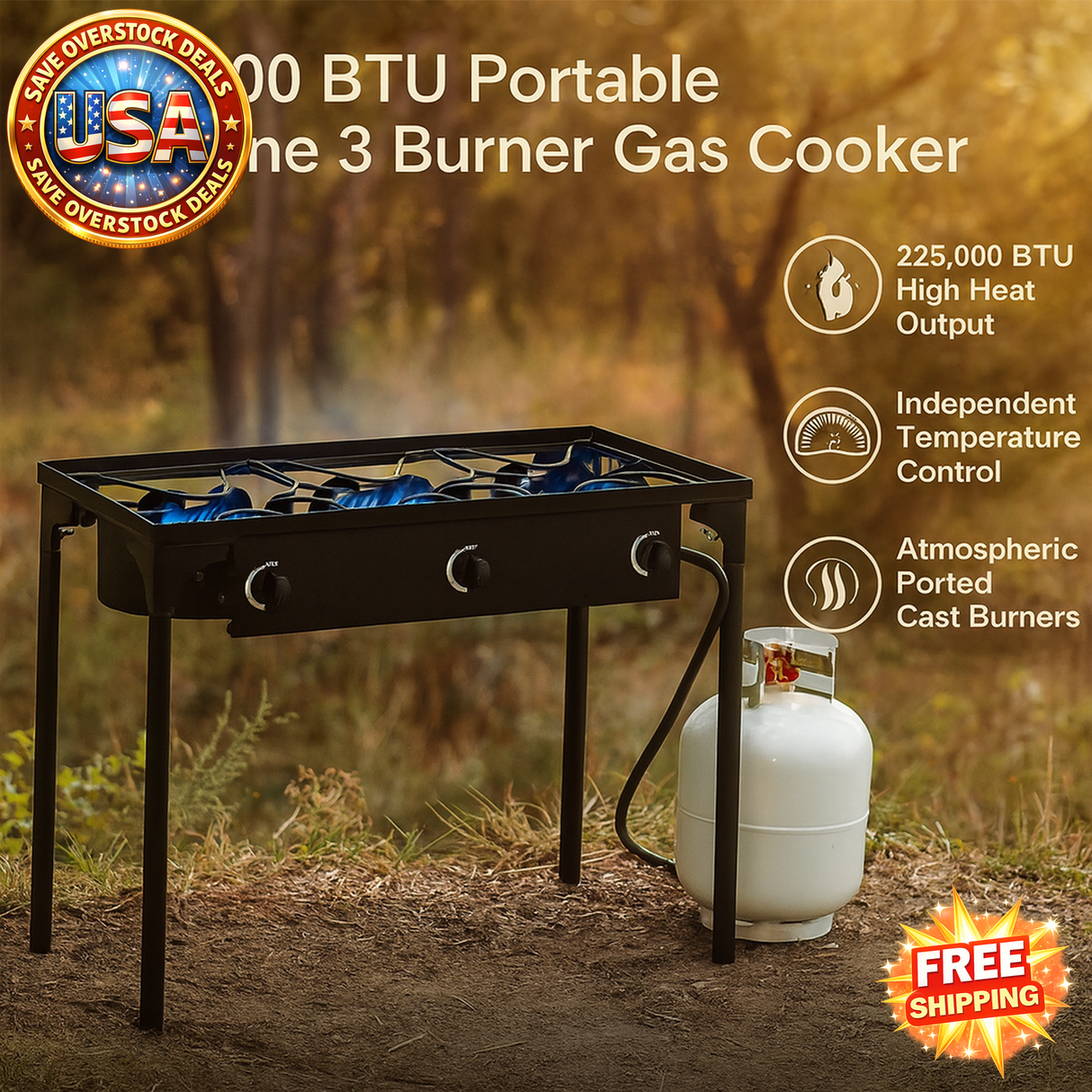 225,000-BTU Portable Propane 3 Burner Gas Cooker