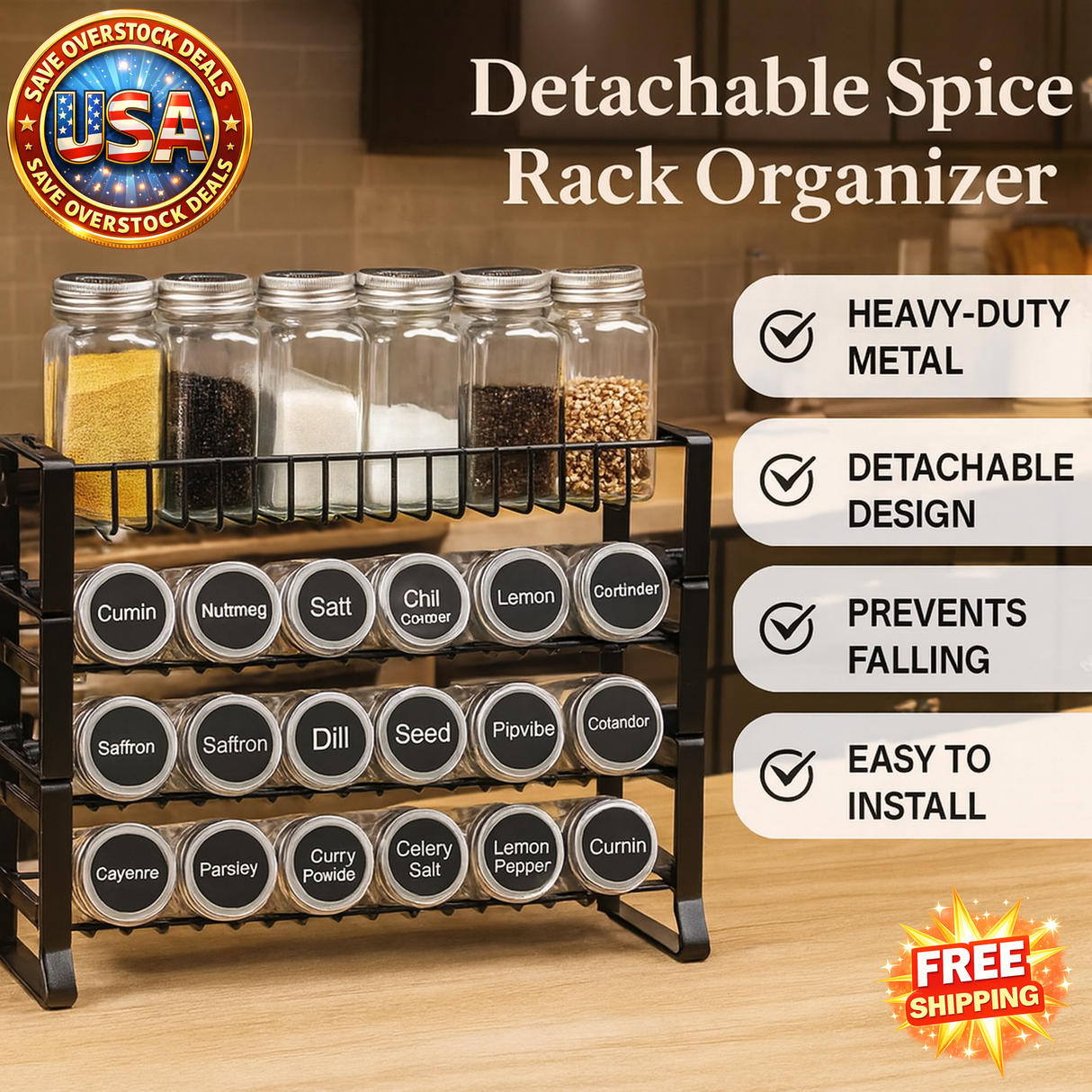 Detachable Spice Rack Organizer for Kitchen Cabinet Storage