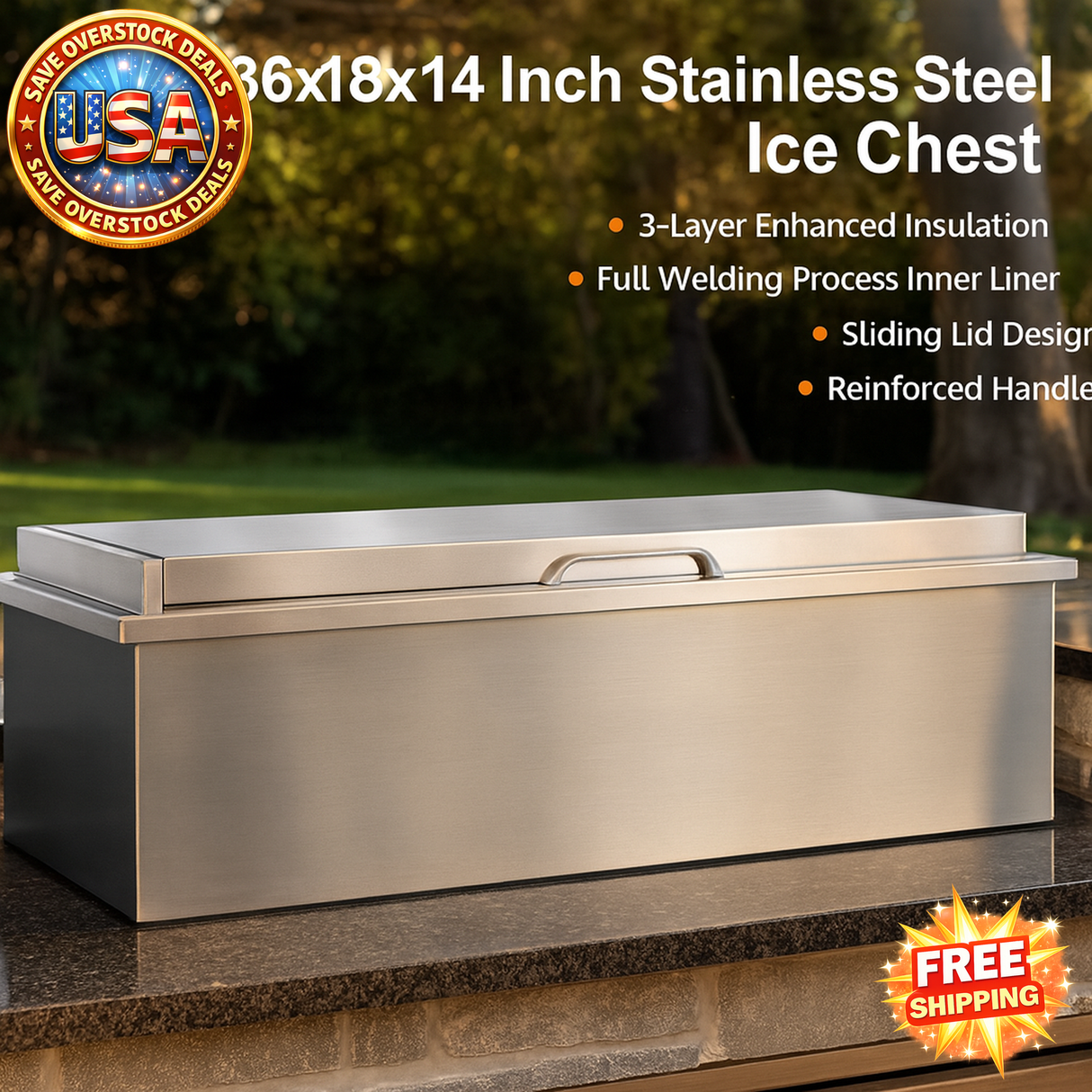 Stainless steel ice chest with features listed on a promotional background