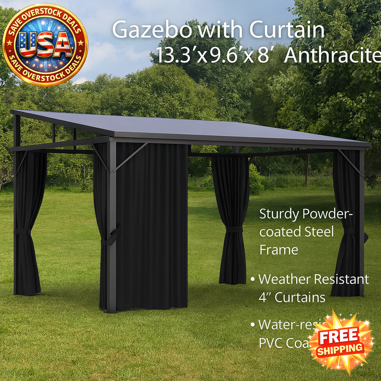 Gazebo with curtain on grassy area with promotional text and logos.