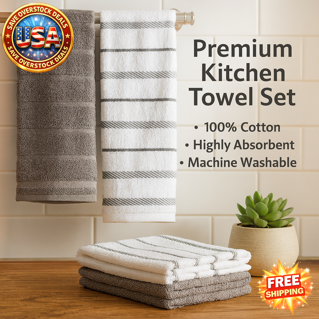 Kitchen Towel Set 4-Pack, Grey/White, 16"x26" for Home