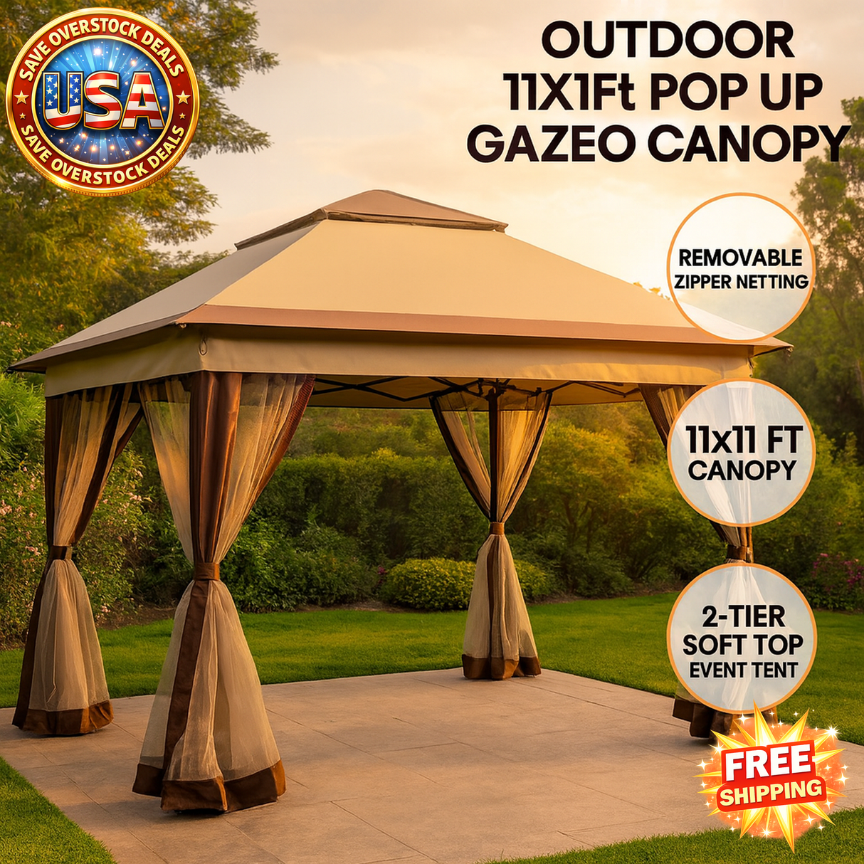 Outdoor 11x11ft pop up gazebo canopy with removable zipper netting in a garden setting.