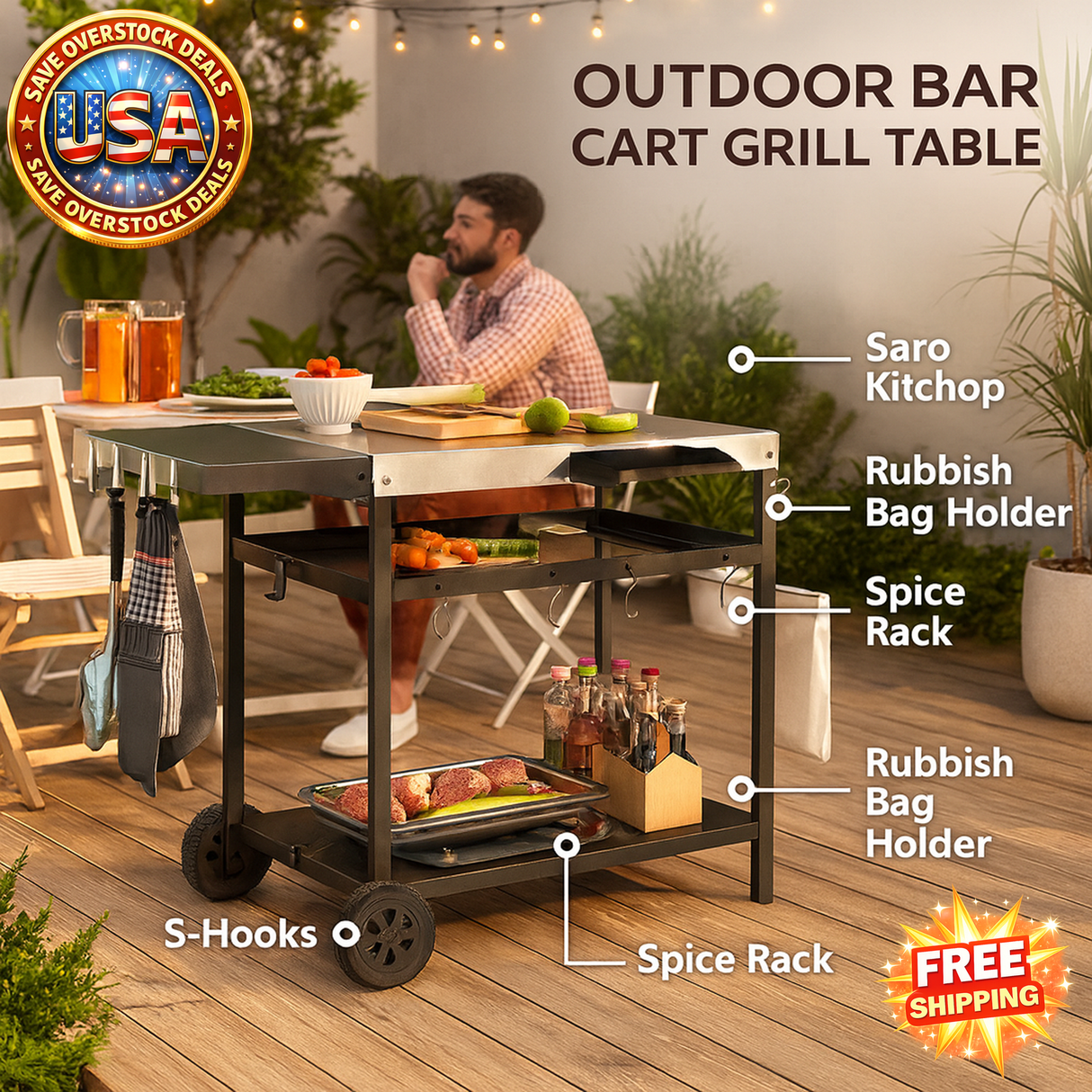 Outdoor Bar Cart Grill Table with Wheels - Portable Outdoor Furniture