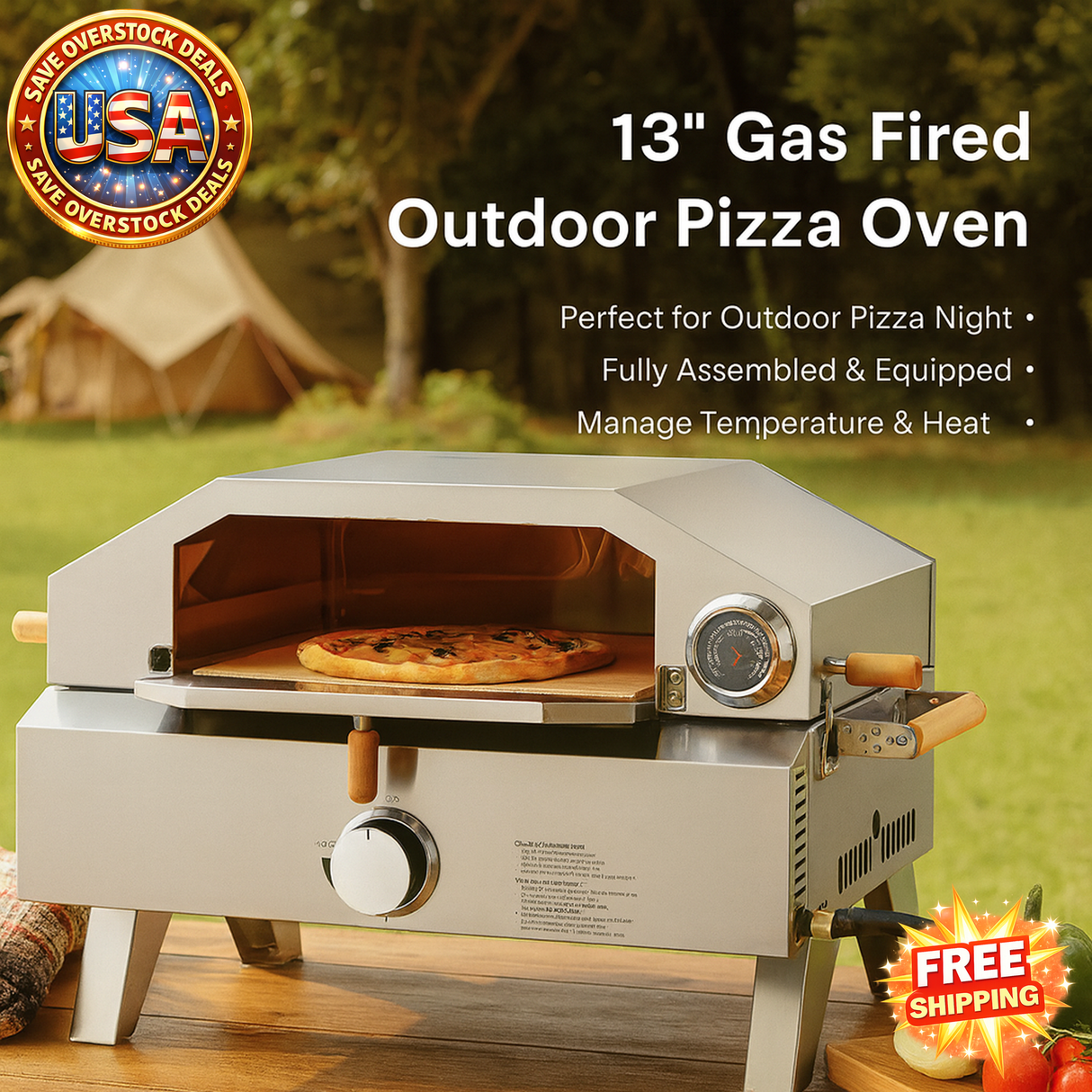 13" Gas Fired Outdoor Pizza Oven with pizza inside, camping tent in the background