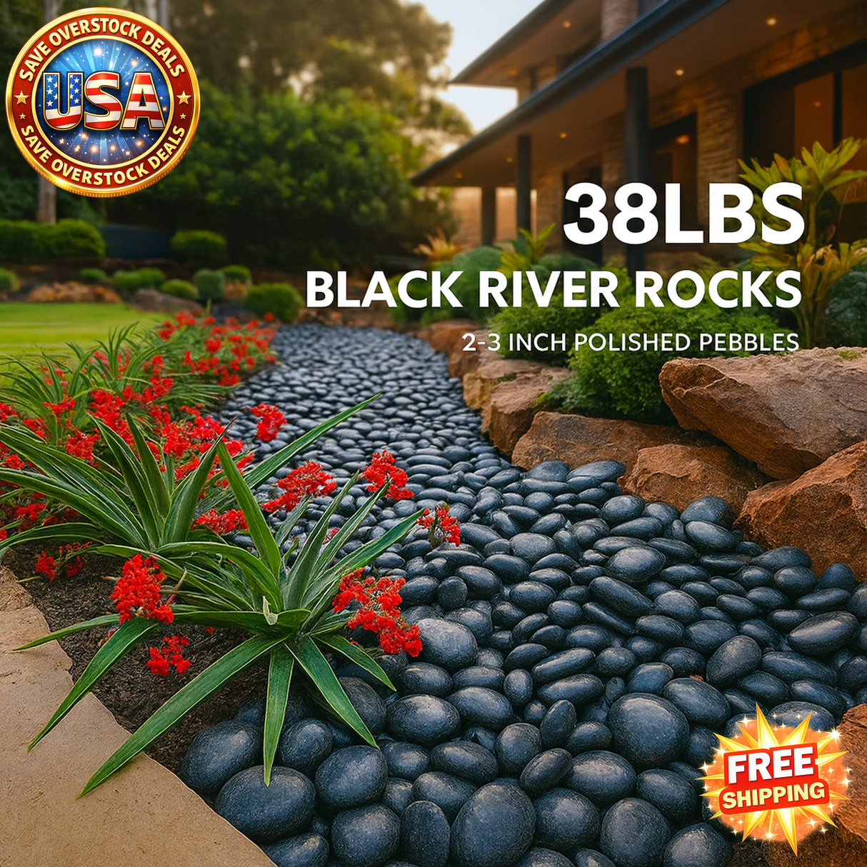 38lbs Black River Rocks - Polished Pebbles for Decor