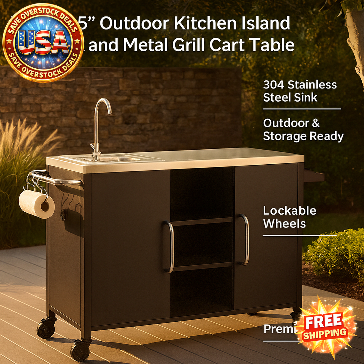 K&K 55.5" Outdoor Kitchen Island with Stainless Steel Sink