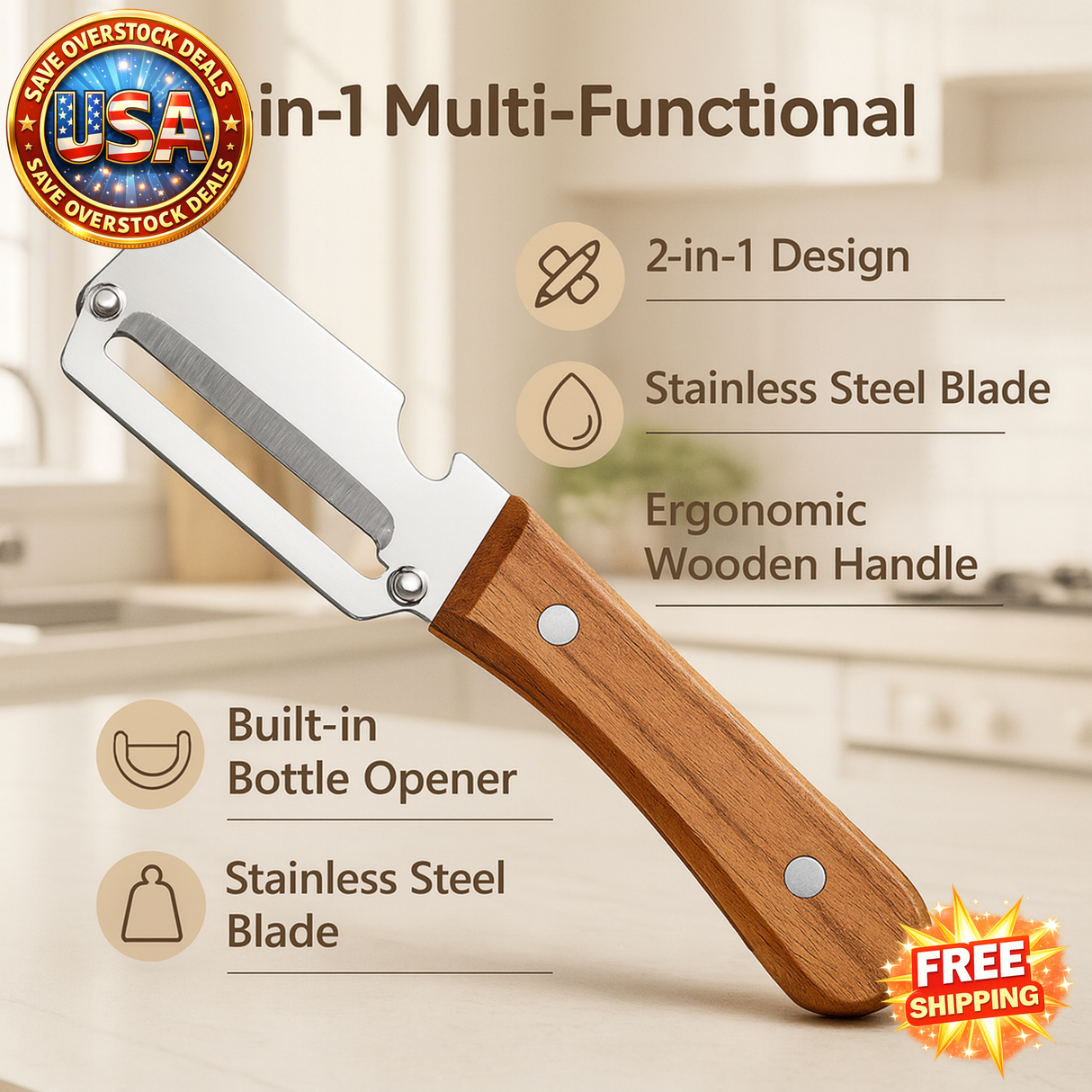 2 in 1 Stainless Steel Vegetable Peeler with Wooden Handle