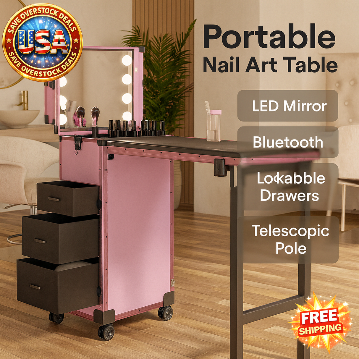 Portable Nail Art Table with LED Mirror & Bluetooth