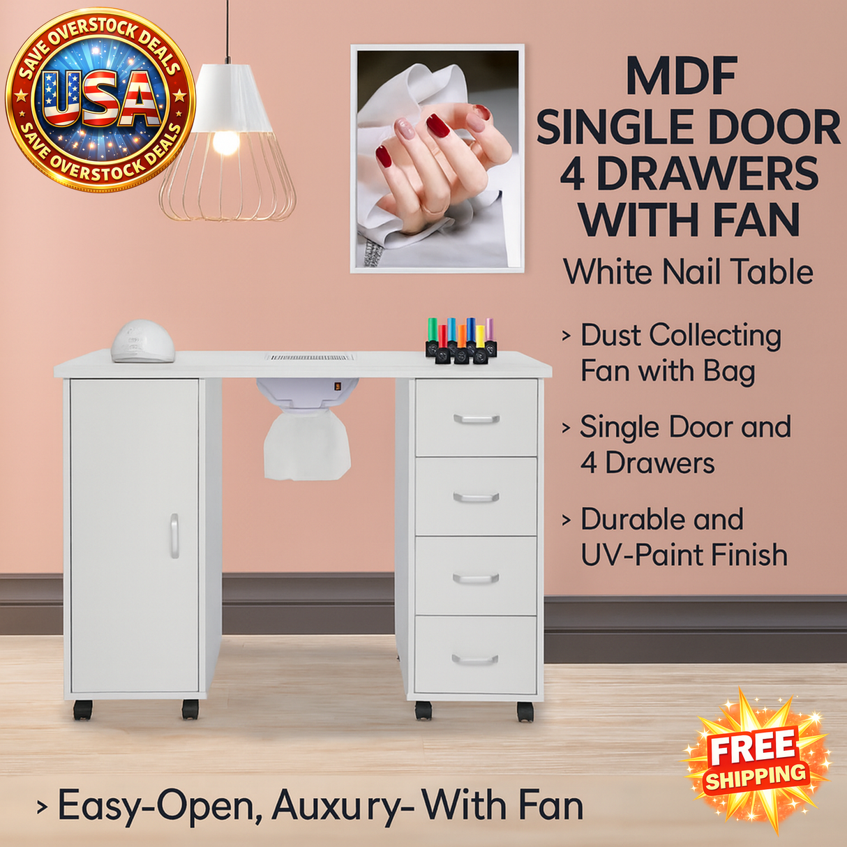 Nail Table with 4 Drawers and Fan - White Finish