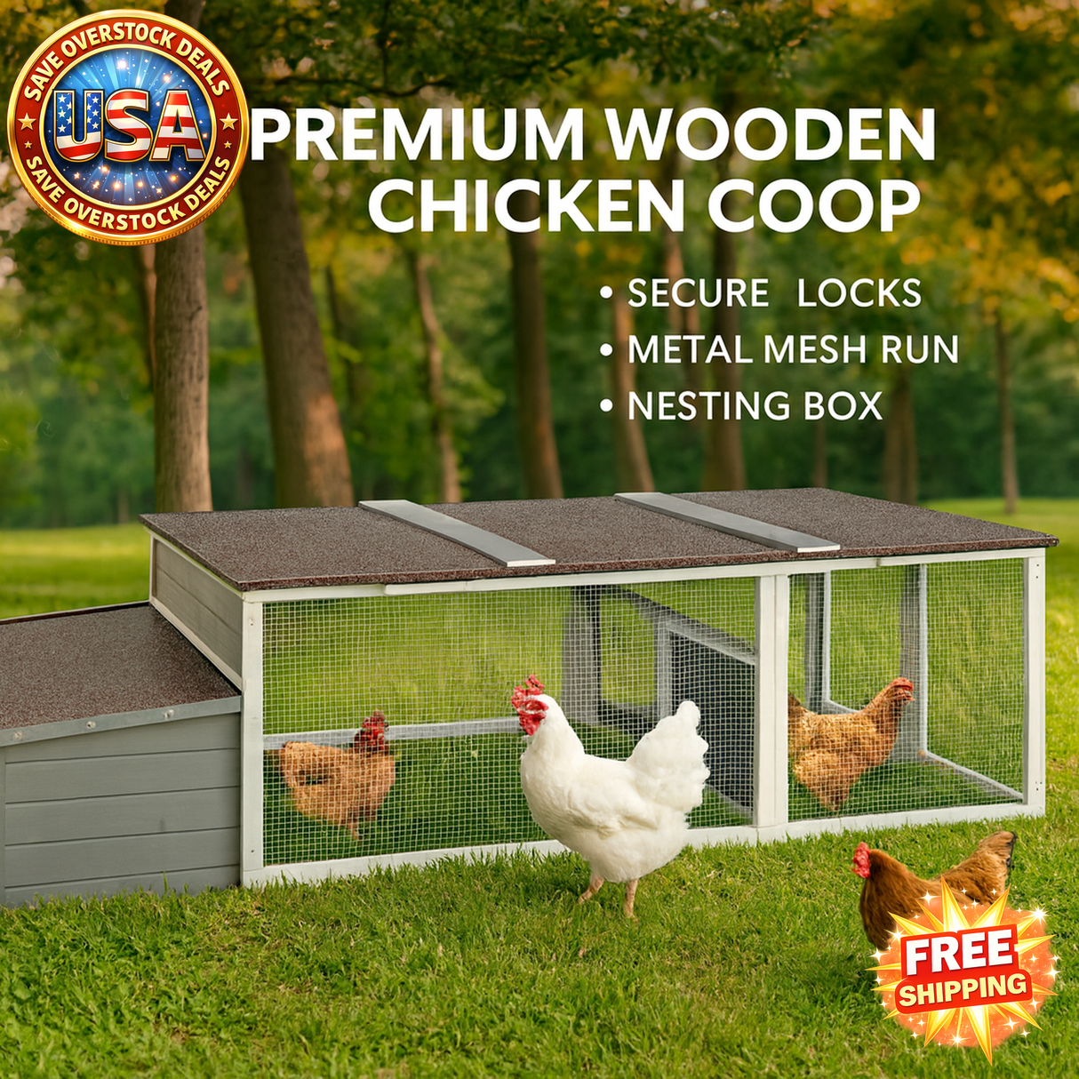 Large Wooden Chicken Coop with Nesting Box & Run
