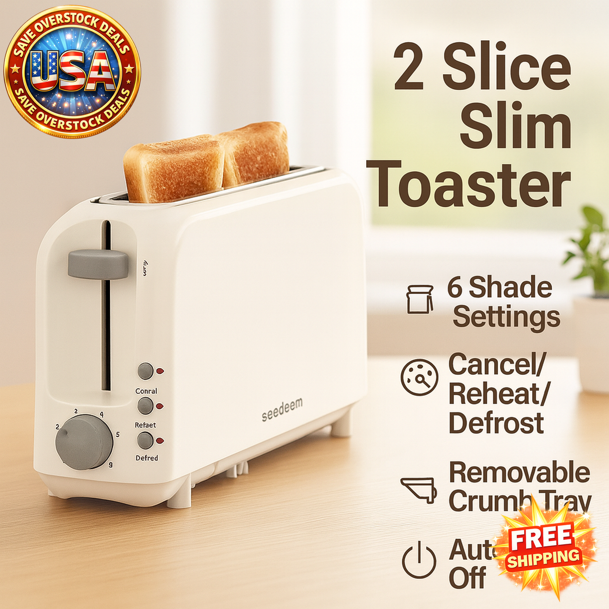 2 Slice Slim Toaster with Long Slot & 6 Shade Settings