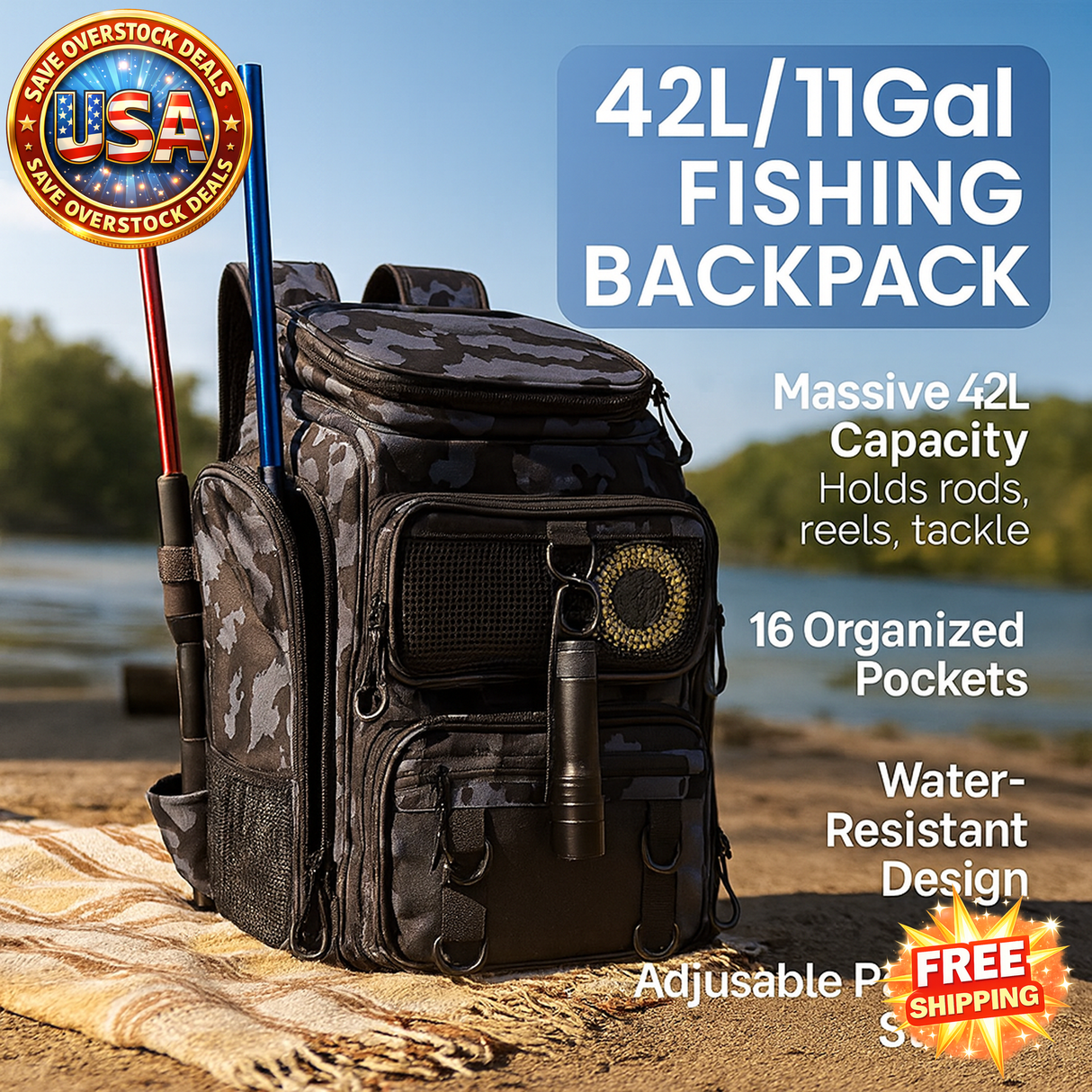 Fishing Backpack 42L with Rod Holders and 16 Pockets