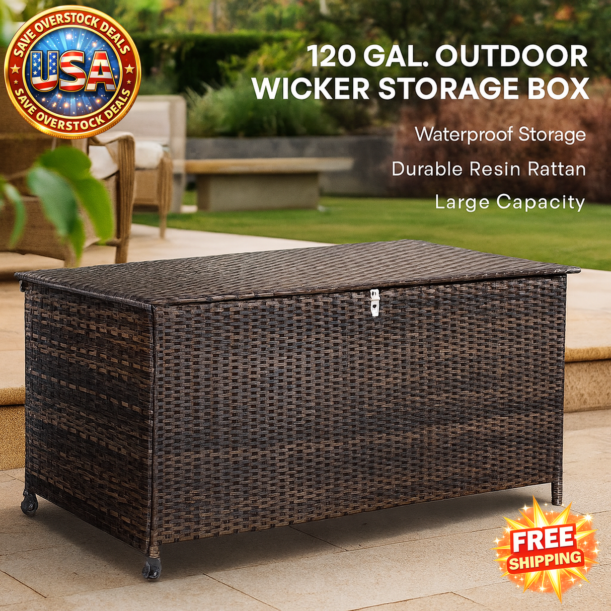 120 Gal. Waterproof Outdoor Wicker Storage Box for Patio