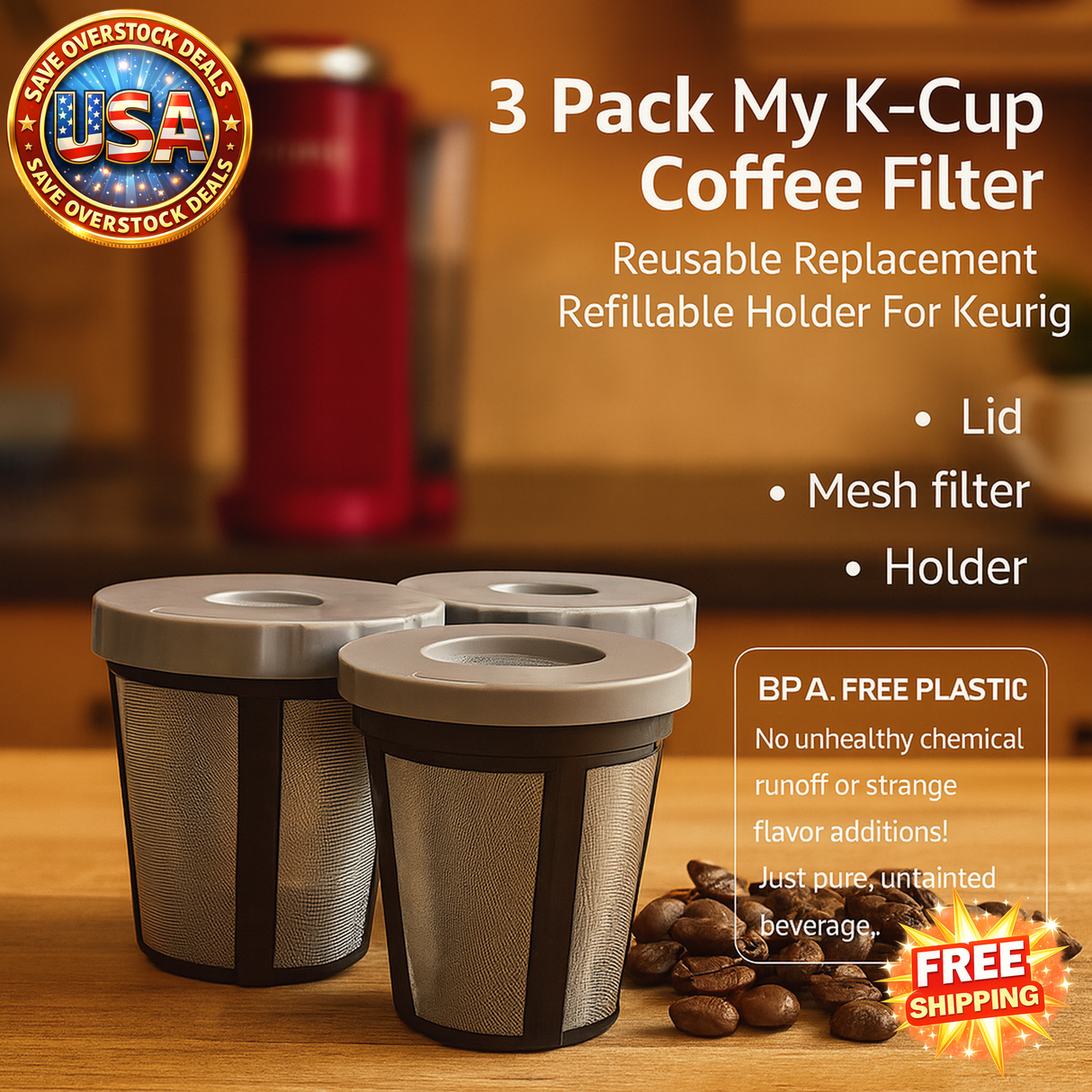 3 Pack Reusable K-Cup Coffee Filters for Keurig Machines