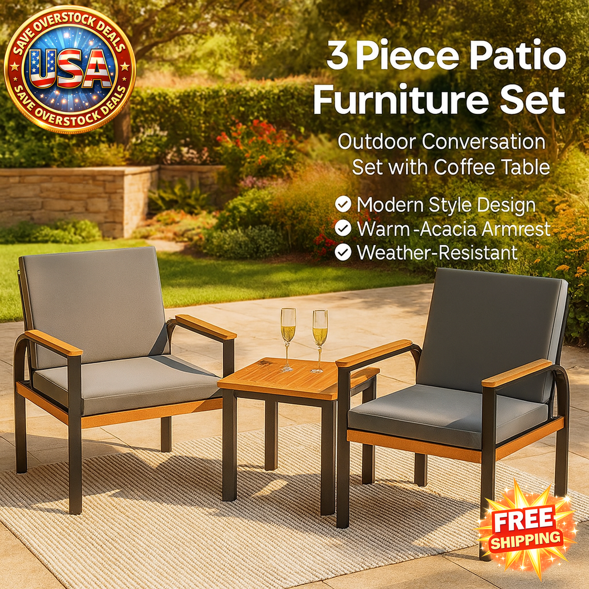 3 Piece Outdoor Patio Furniture Set with Coffee Table