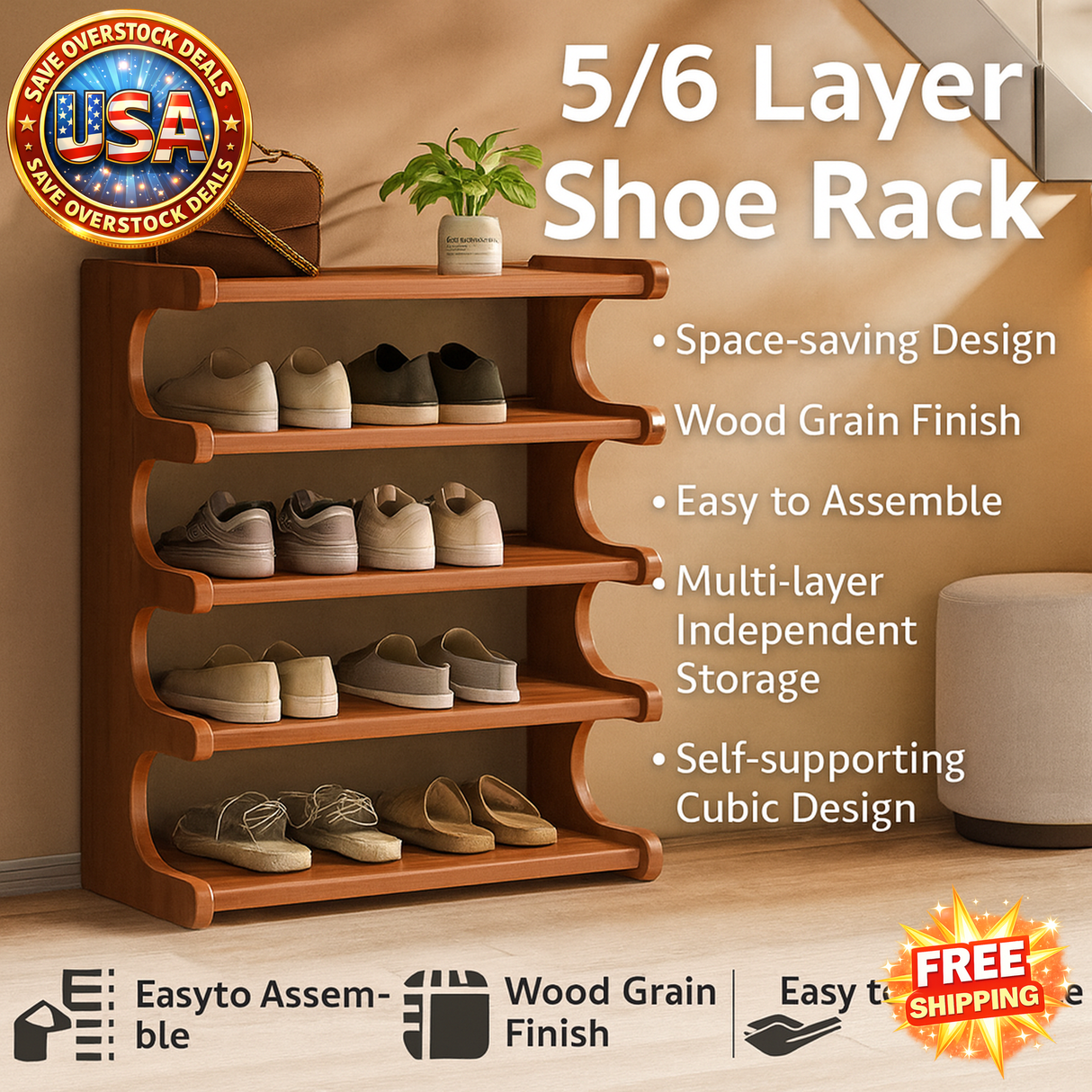 5/6-Layer Shoe Rack with Space-Saving Design and Wood Finish