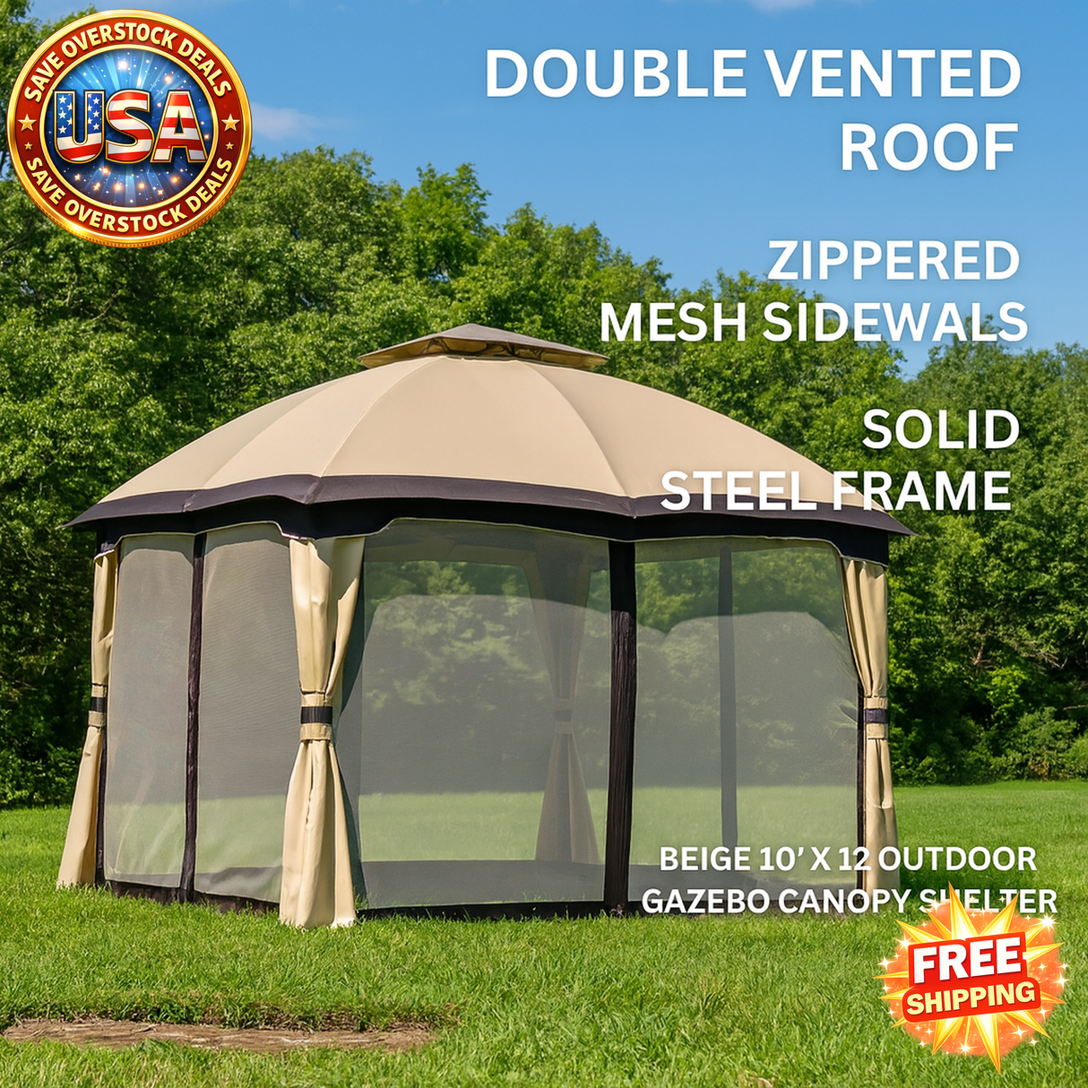 Beige 10' X 12' Outdoor Gazebo Canopy with Mesh Sidewalls