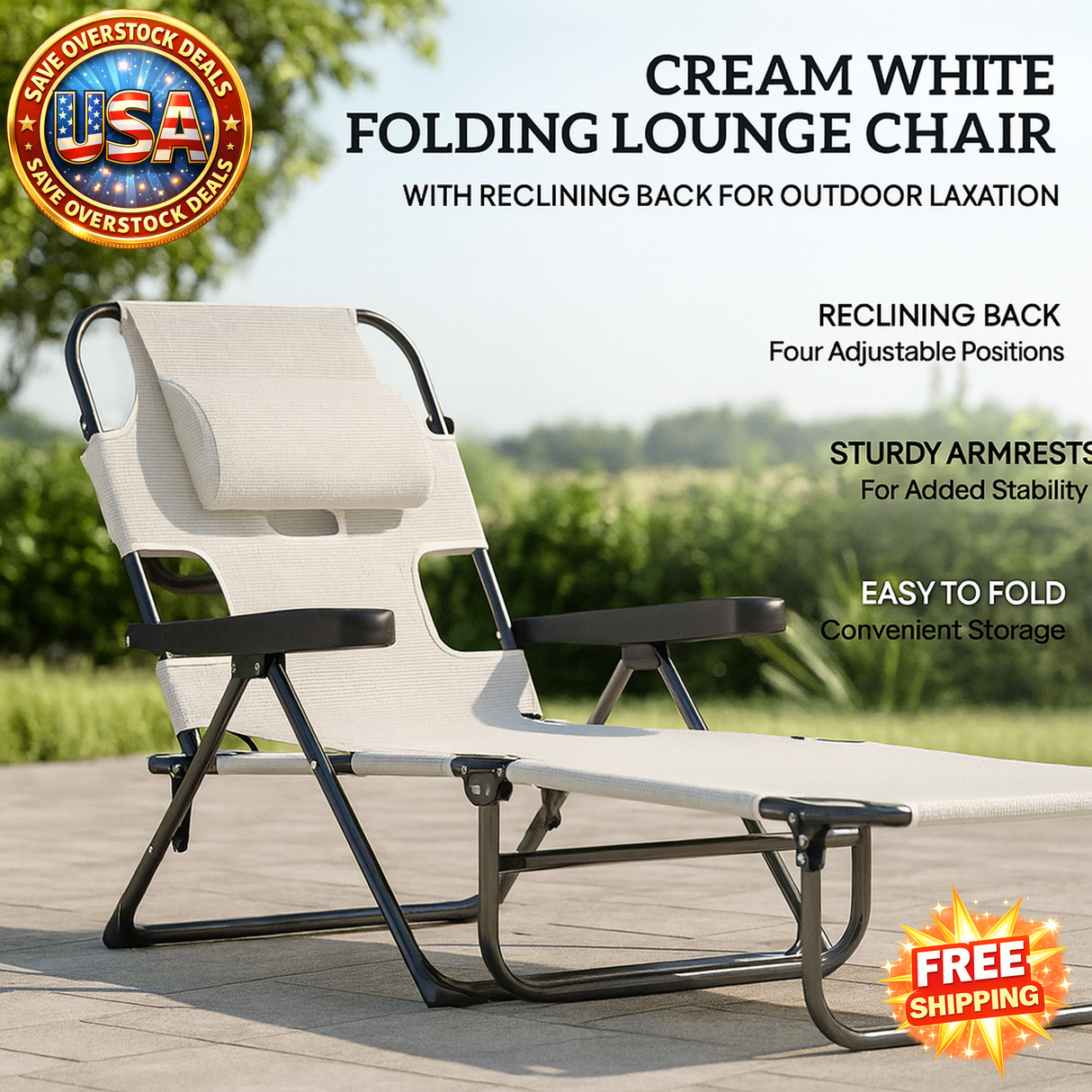 Cream White Folding Lounge Chair with Reclining Back