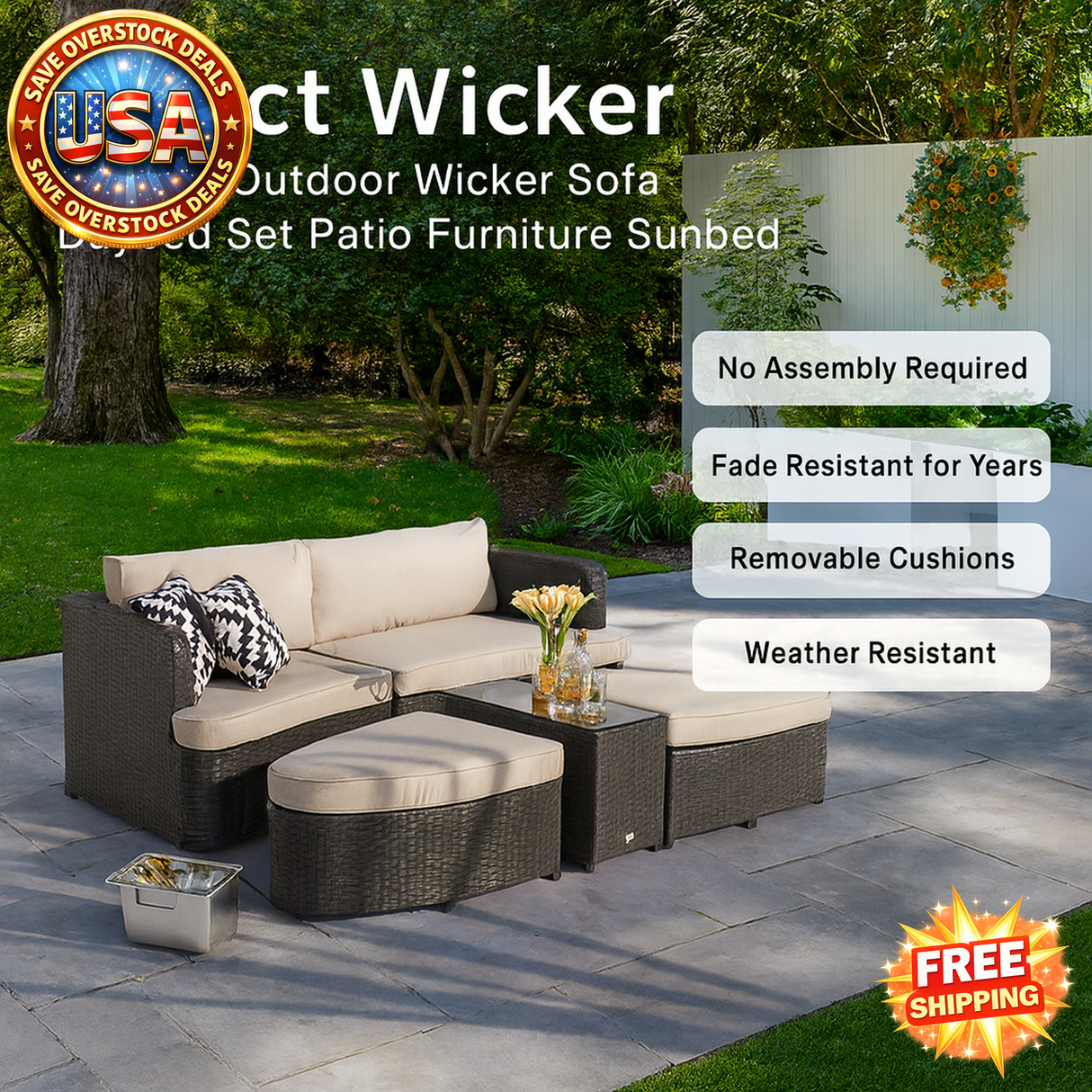 Outdoor Wicker Sofa Daybed Set - 5-Piece Patio Furniture