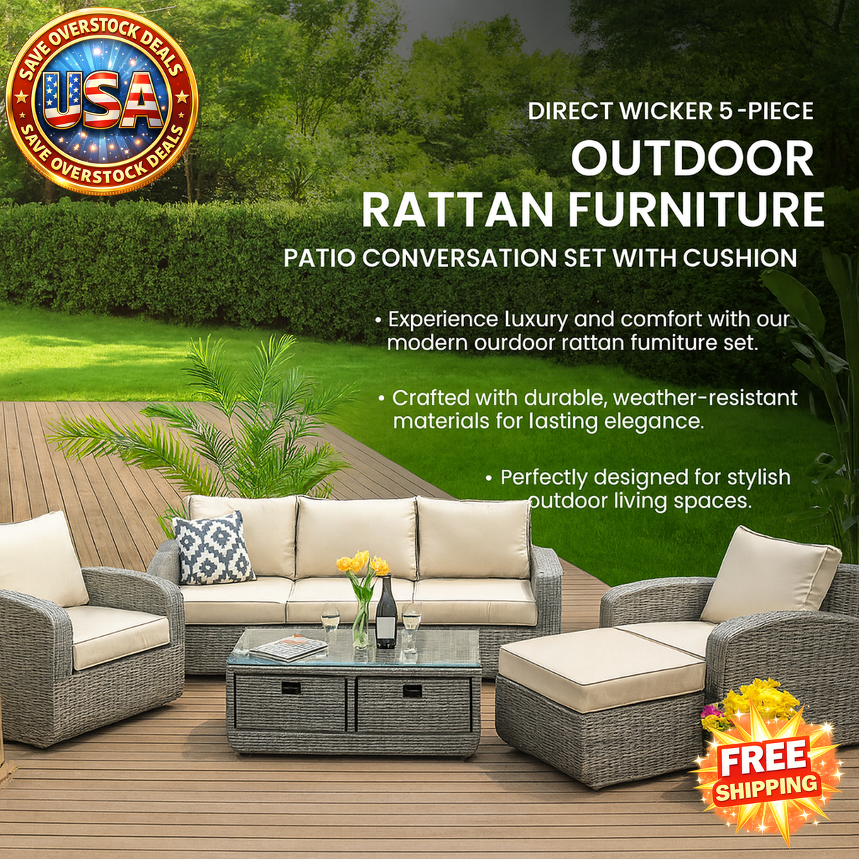 Outdoor Rattan Furniture Set - 5-Piece Patio Conversation Set