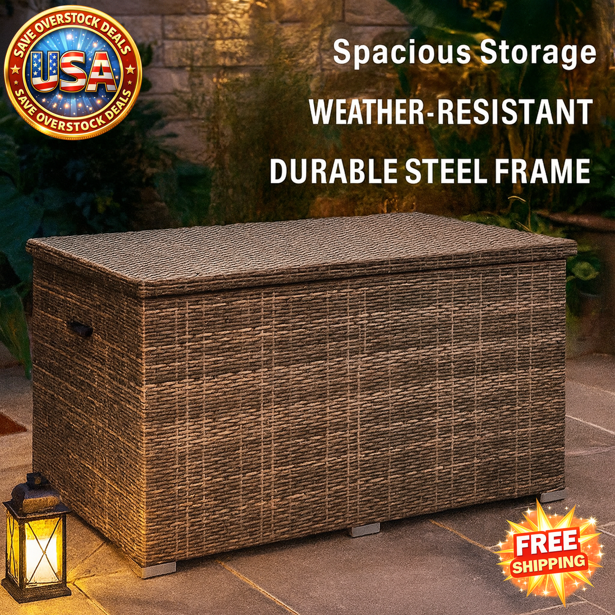 Brown Wicker Deck Box with Steel Frame for Outdoor Storage