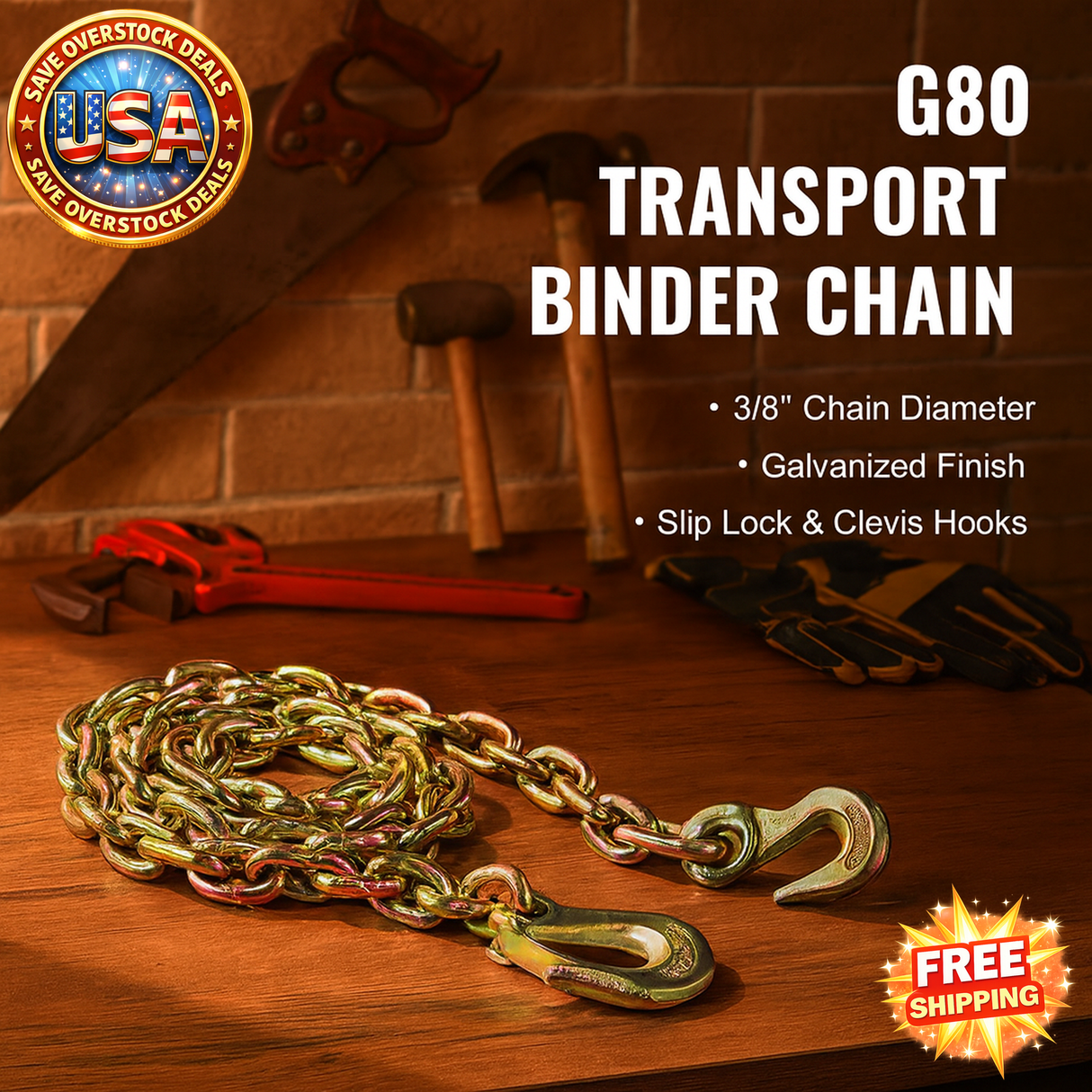 G80 Transport Binder Chain 3/8" x 10.3' with Clevis Hooks