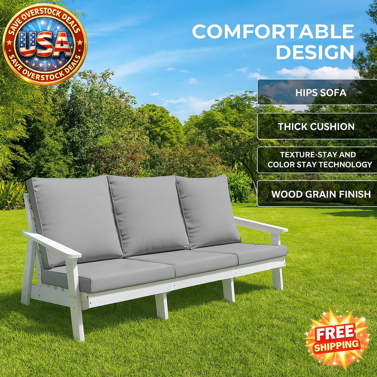 HIPS 3 Seater Outdoor Sofa with Cushion - Wood Grain Finish