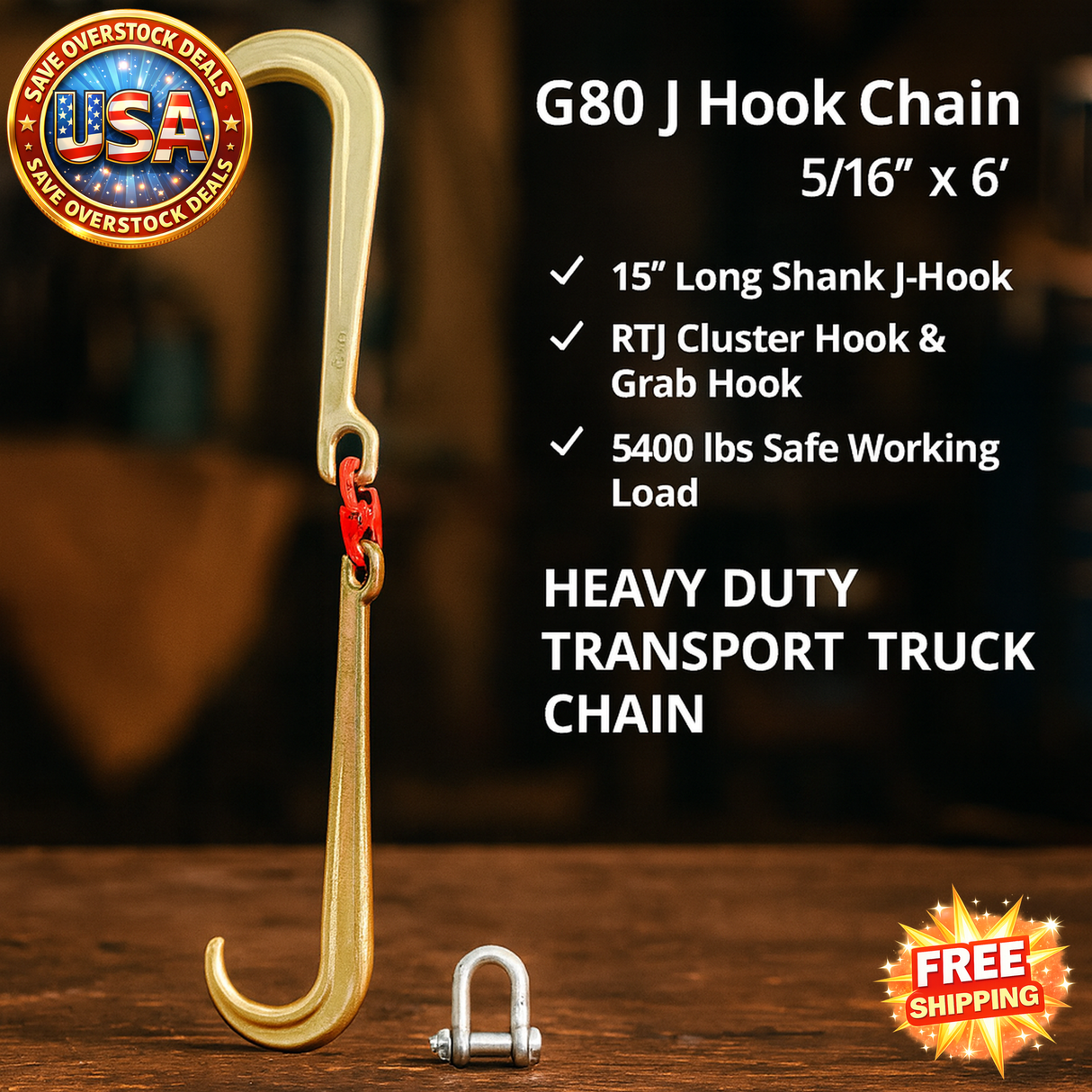 J Hook Tow Chain 5/16" x 6' G80 Heavy Duty 5400 lbs
