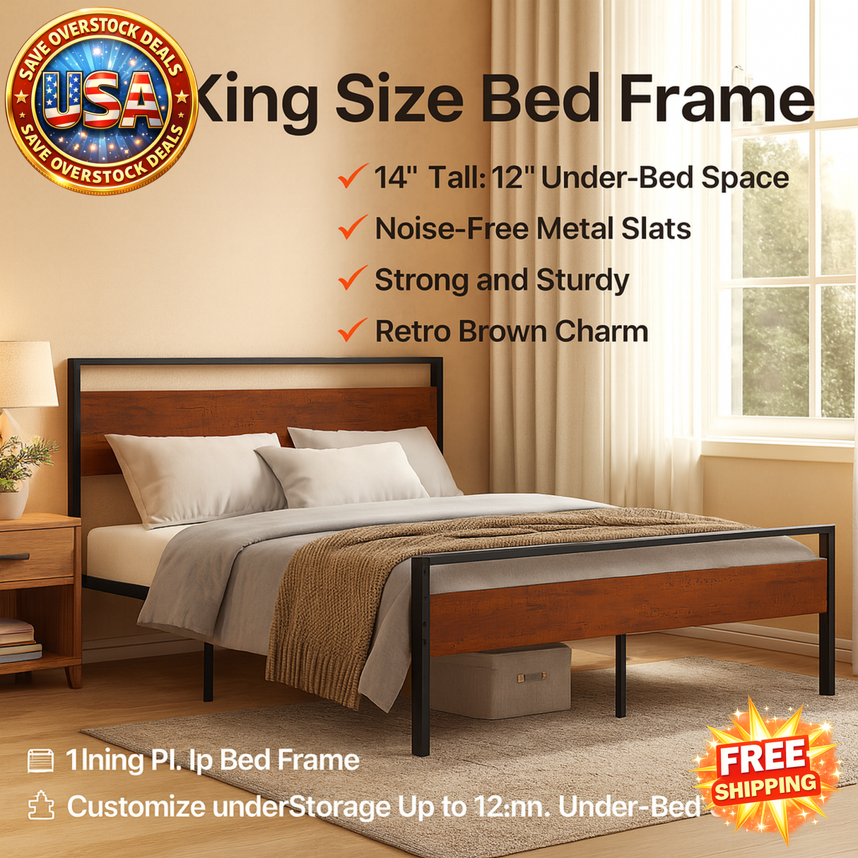 King Size Metal Platform Bed Frame with Wooden Headboard