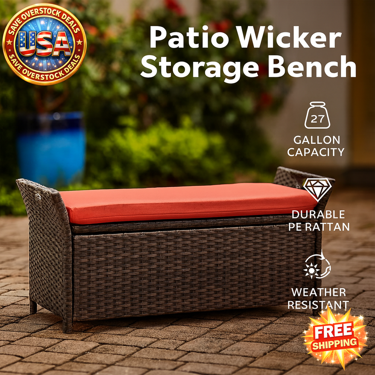 Patio Wicker Storage Bench Red 27 Gallon Outdoor Furniture