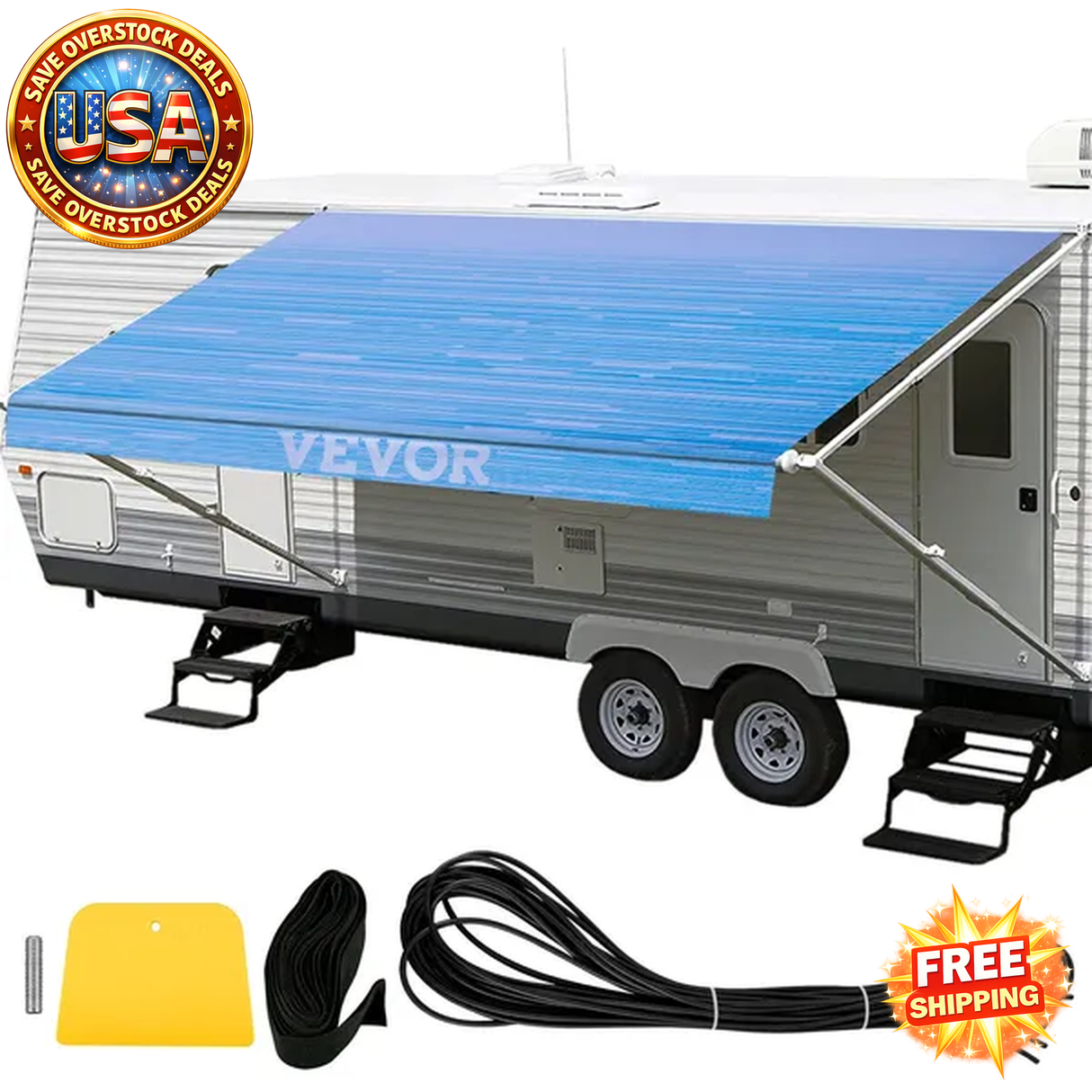 Durable 17' RV Awning Fabric - Ocean Blue Vinyl Replacement