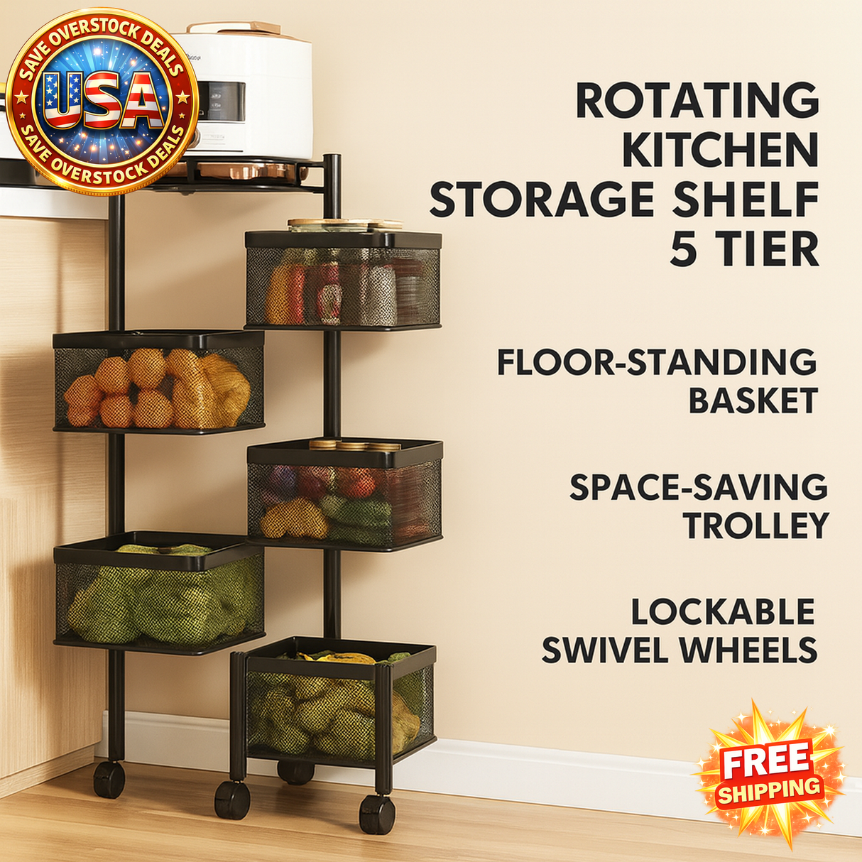 Rotating 5 Tier Kitchen Storage Shelf with Wheels