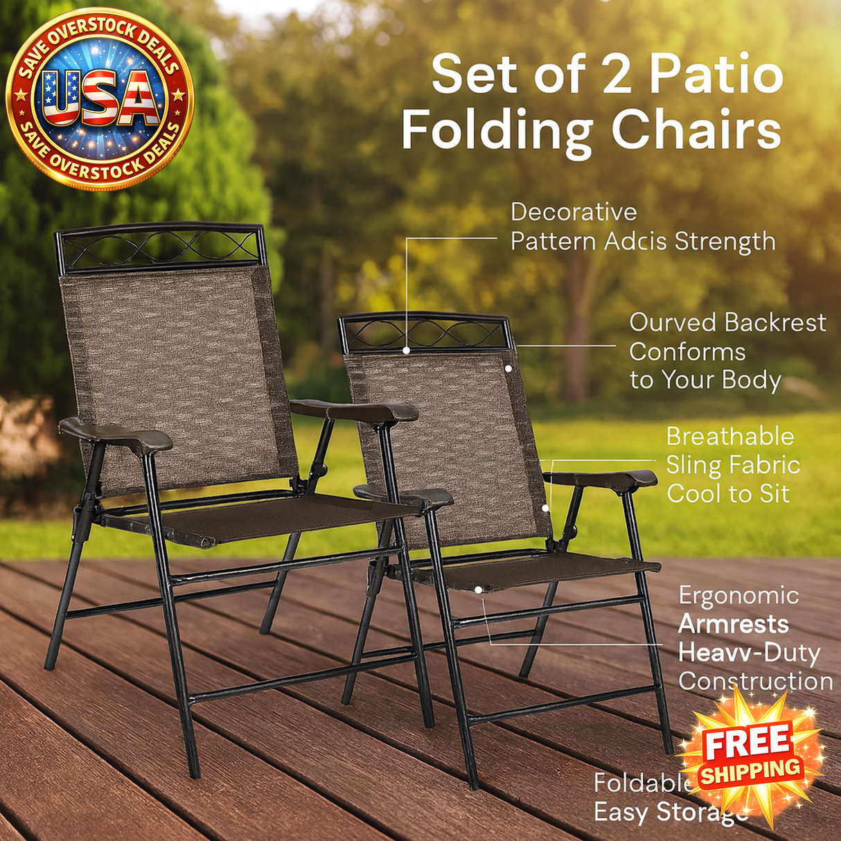 Set of 2 Portable Patio Folding Chairs with Armrest