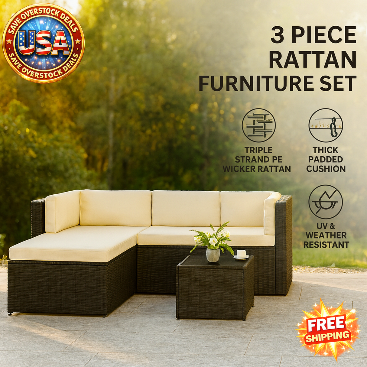 3-Piece Outdoor Furniture Set, Beige Garden Terrace Set