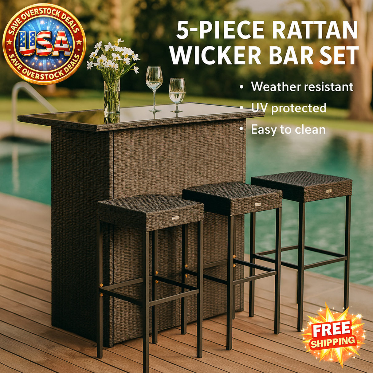 5 Piece Rattan Wicker Bar Set with High Top Table & Stools
