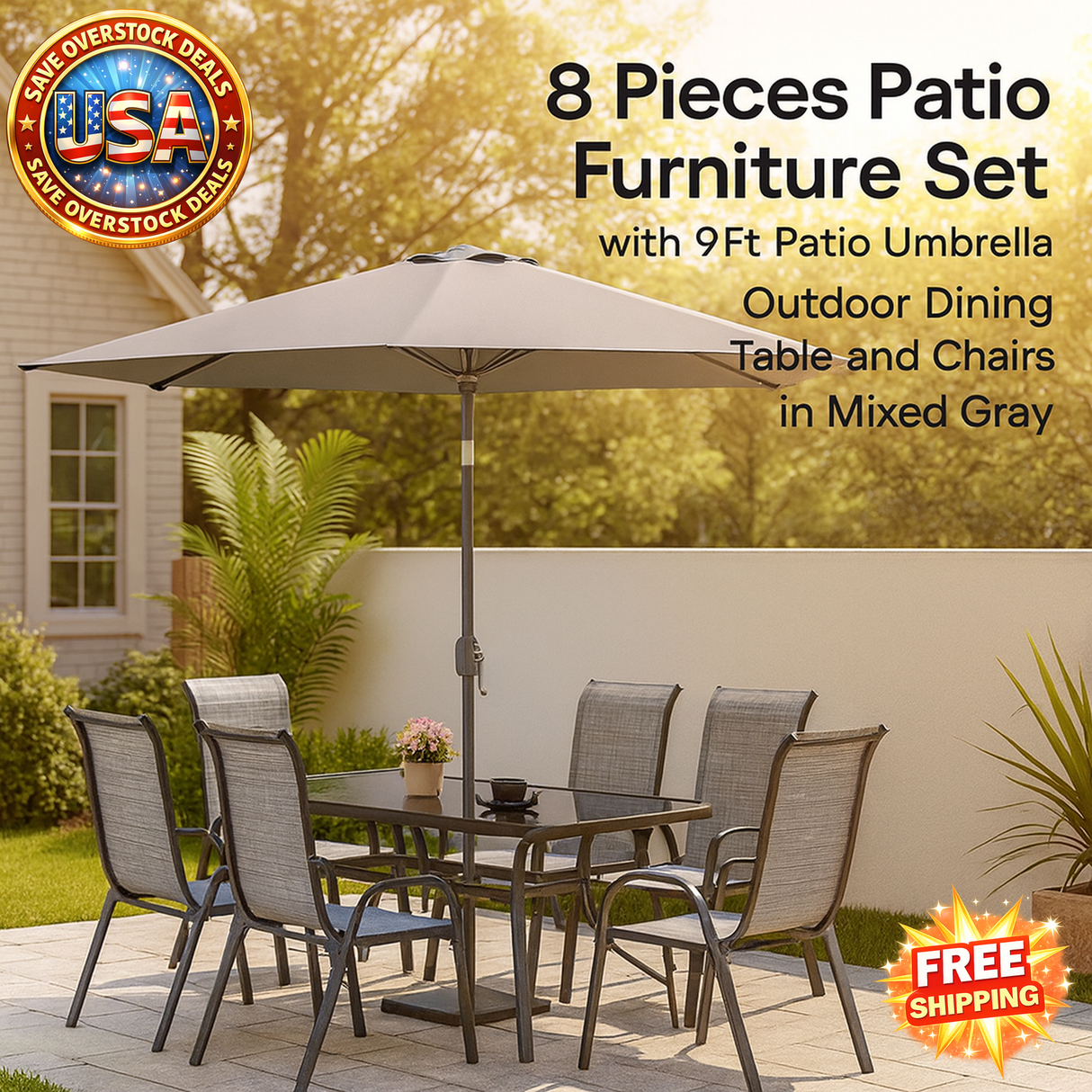 8 Pieces Patio Furniture Set with Umbrella - Mixed Gray
