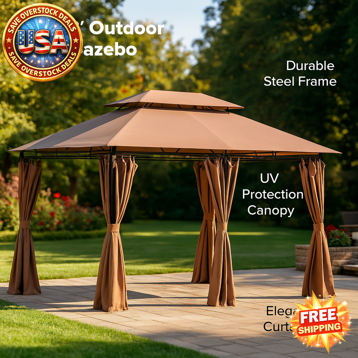10' X 13' Outdoor Patio Gazebo with Vented Roof and Curtains