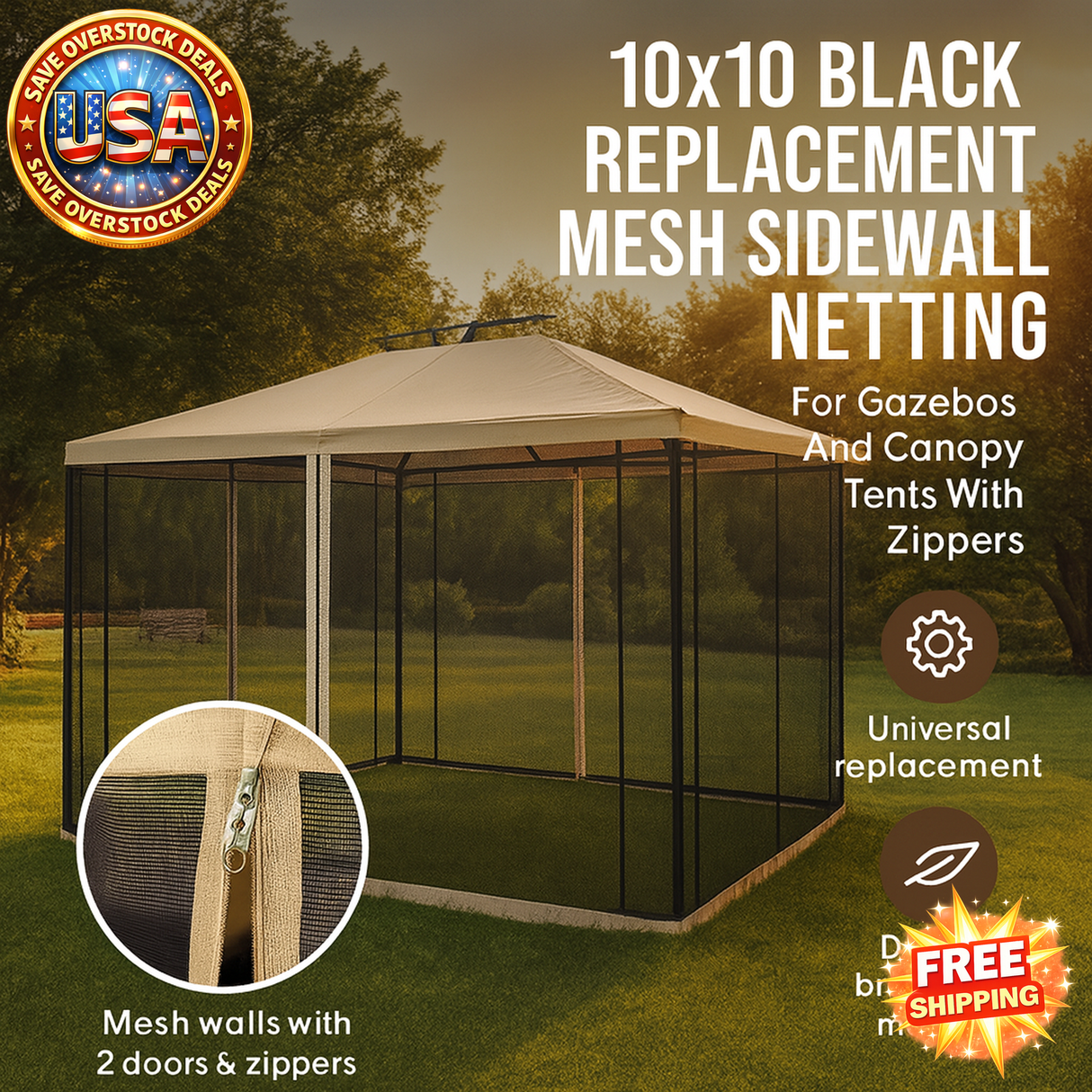 Heavy-Duty 10x10 Black Mesh Sidewall Netting for Gazebos & Canopies - Perfect Zippered Privacy Screen for Outdoors