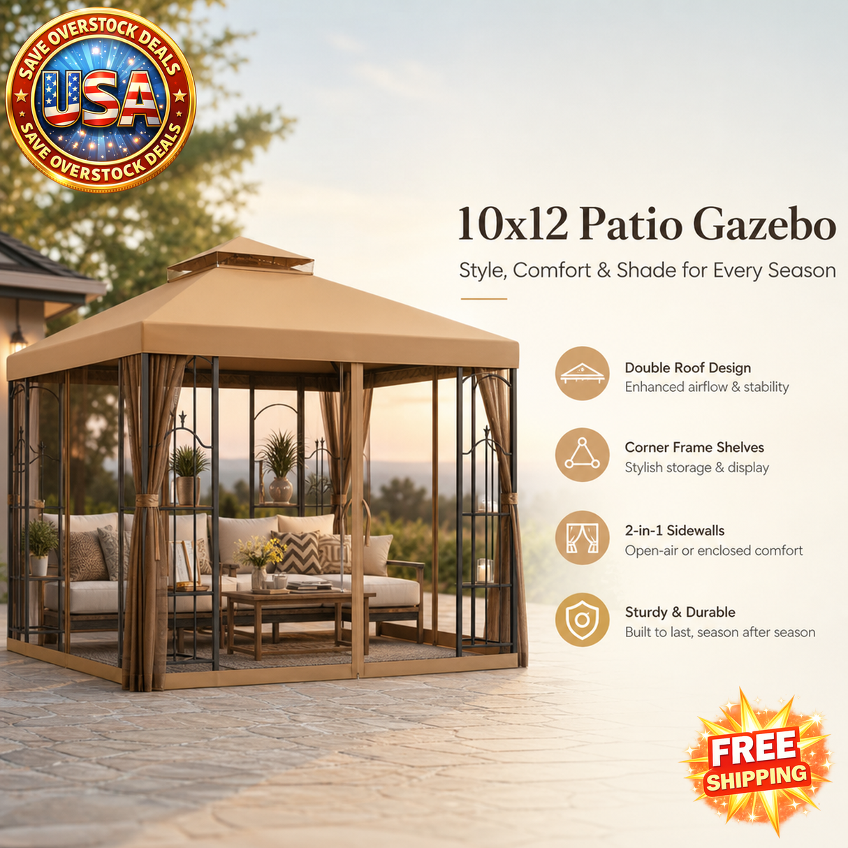 10x12 Brown Patio Gazebo with Double Roof and Shelves