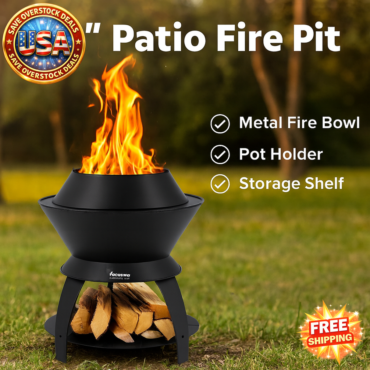 20 Inch Metal Patio Fire Pit with Pot Holder & Shelf