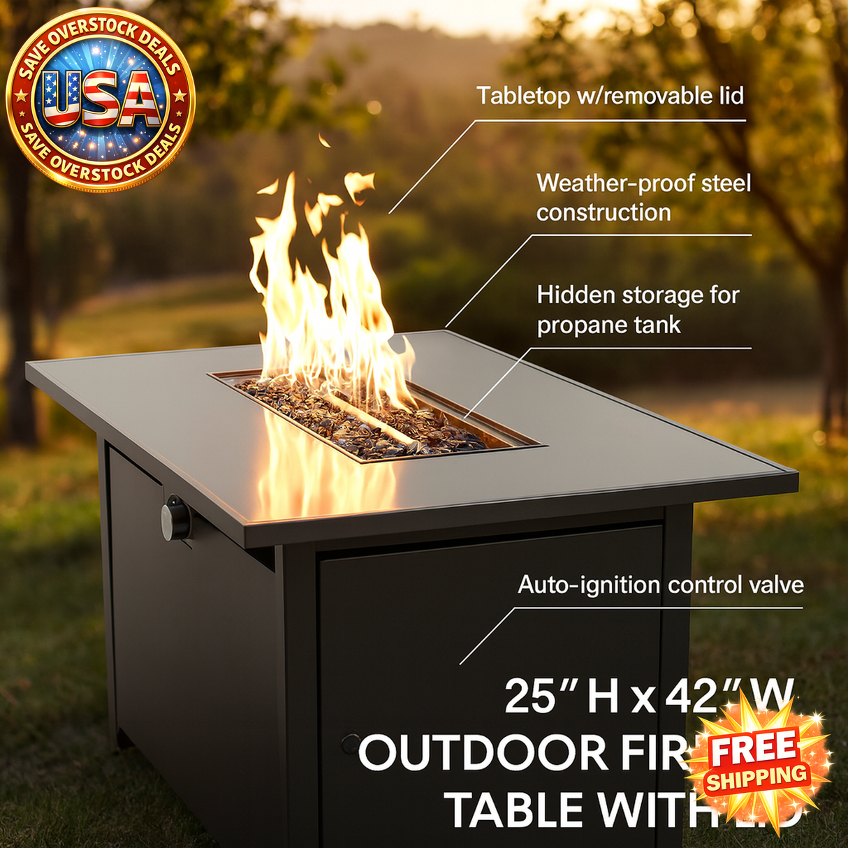 Steel Outdoor Fire Pit Table 25'' H x 42'' W with Lid